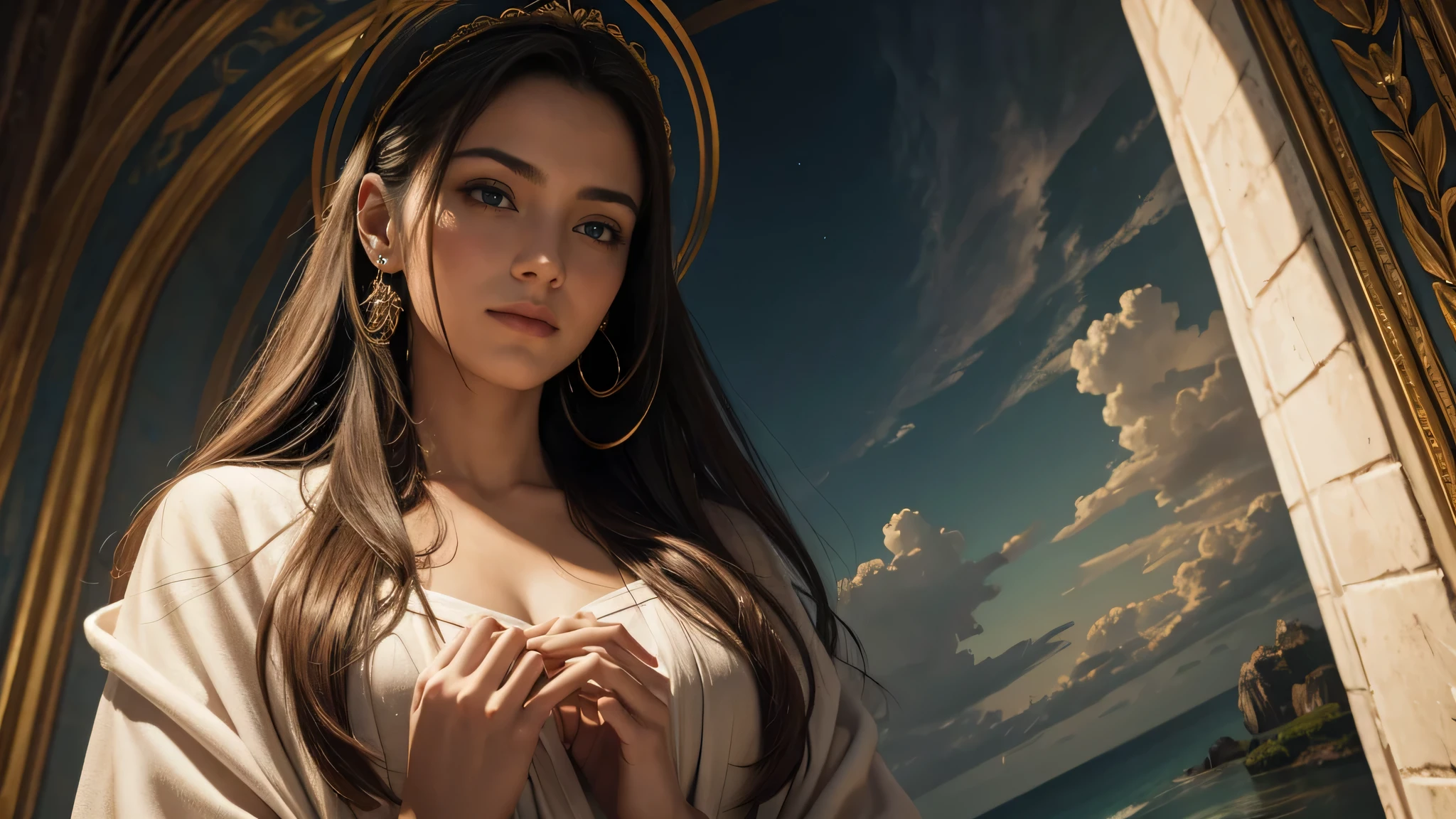 (highest quality,4k,8k,High resolution,masterpiece:1.2),Super detailed,(realistic,photorealistic,photo-realistic:1.37),portrait,christian art,religious,historical,Colors of Heaven,Divine brilliance,transcendental,ethereal,fresco,Hello,tranquility,peaceful,expressive eyes,sharp gaze,gentle smile,Majestic robes,humble attitude,miraculous aura,holy light,sublime beauty,move,insightful,healing powers,Sacred Heart,sunlit background,dramatic lighting,Heaven's Choir,Cosmic connections,never ending love.