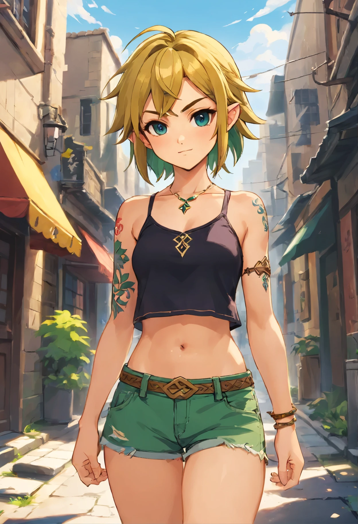 Anime illustration of a young supermodel with a toned physique, In a spicy punk crop top, Low Rise Pants, Messy Short Hair, Demonstration of various intricate tattoos, confidently standing in the middle of an abandoned street in Chiba. . Anime style, Key Visual, Vibrants, Studio anime, Highly detailed