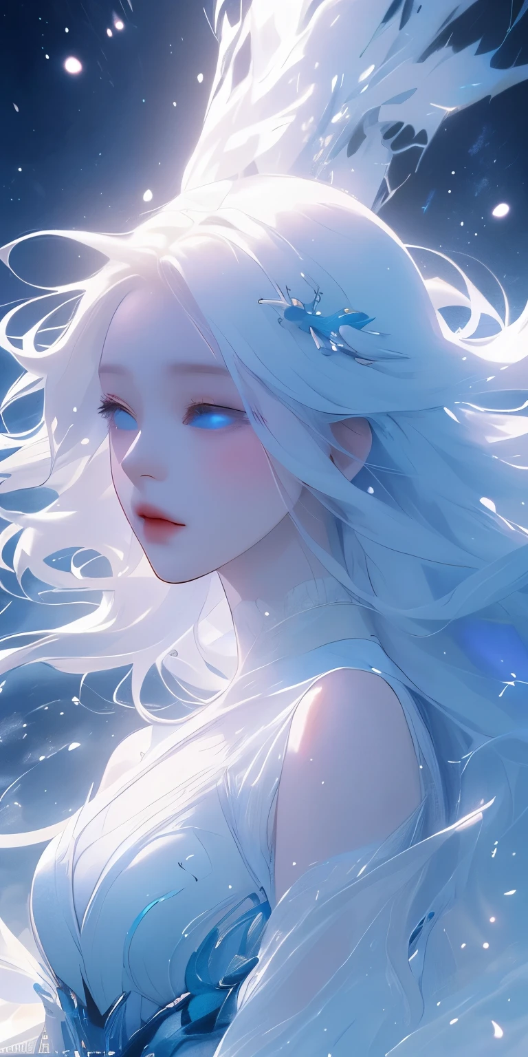 In a snowy landscape, there is a beautiful anime girl with long white hair and a blue dress. Her white hair is flowing and floating in the air, creating a mystical and ethereal atmosphere. She looks like a goddess with her enchanting appearance, exuding an aura of youth and beauty. The artwork is in a fantasy anime style, depicting the girl in a whimsical and magical setting. The flowing and glowing hair adds a touch of radiance and grace to the character. The overall artwork is a beautiful digital masterpiece, showcasing the beauty of anime art. The girl can be portrayed as a fantasy queen, radiating elegance and power. The artwork can also incorporate elements of 2.5D CGI, adding depth and realism to the fantasy anime art piece. The color scheme is vibrant and vivid, with the snowy landscape and the girl's blue dress contrasting against the white hair. The lighting in the artwork is soft and ethereal, capturing the magical ambiance of the scene.
