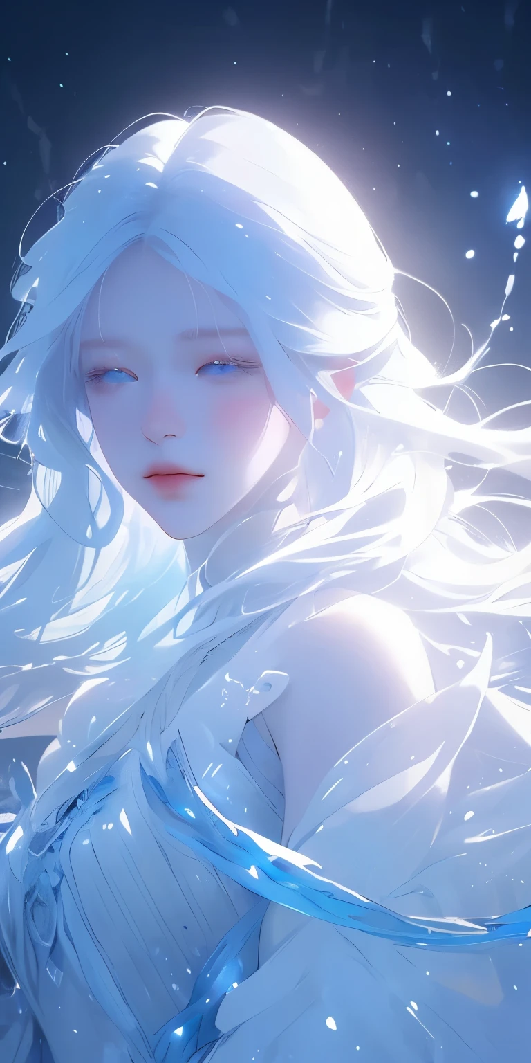 In a snowy landscape, there is a beautiful anime girl with long white hair and a blue dress. Her white hair is flowing and floating in the air, creating a mystical and ethereal atmosphere. She looks like a goddess with her enchanting appearance, exuding an aura of youth and beauty. The artwork is in a fantasy anime style, depicting the girl in a whimsical and magical setting. The flowing and glowing hair adds a touch of radiance and grace to the character. The overall artwork is a beautiful digital masterpiece, showcasing the beauty of anime art. The girl can be portrayed as a fantasy queen, radiating elegance and power. The artwork can also incorporate elements of 2.5D CGI, adding depth and realism to the fantasy anime art piece. The color scheme is vibrant and vivid, with the snowy landscape and the girl's blue dress contrasting against the white hair. The lighting in the artwork is soft and ethereal, capturing the magical ambiance of the scene.
