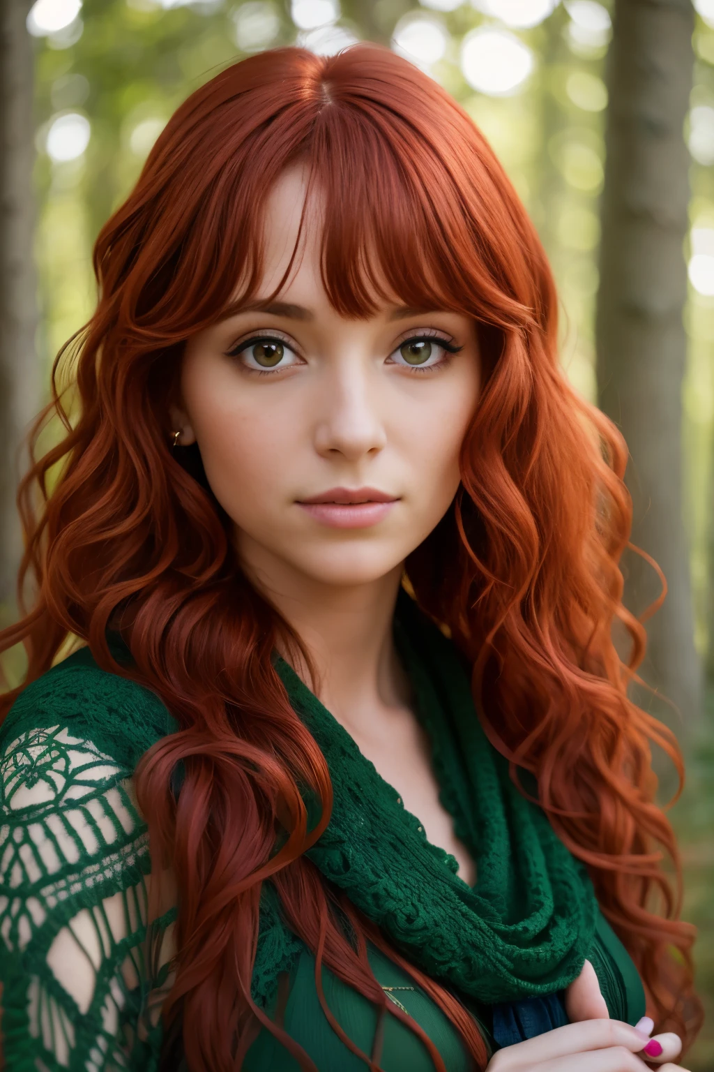 Photo of a 28-year-old woman, thin, witch, (long curly red hair with short bangs), ((Portrait)), ((Detailed face:1.2)), ((expressive eyes:1.1)), ((detailed facial features)), ((finely detailed skin:0.9)), ((green complexion:0.8)), holding a tarot card, Background: enchanted forest, WRapped in a crochet shawl, revealing a hint of green breast, (surreal), Reflectoroonlight, (masutepiece) (perfectly proportions) (photos realistic) (Best Quality) (Detailed) photographed in a Canon EOS