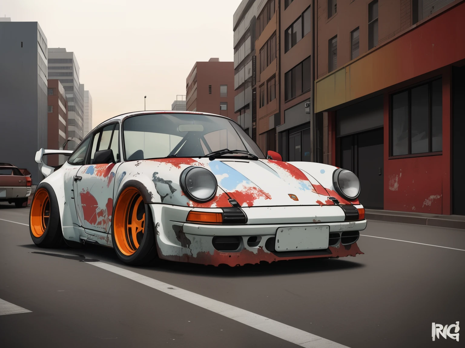 nvinkpunk, painting of a city with a rusty forgotten Porsche 911 rwb rotting,wide bodykit, large wheels, high quality,