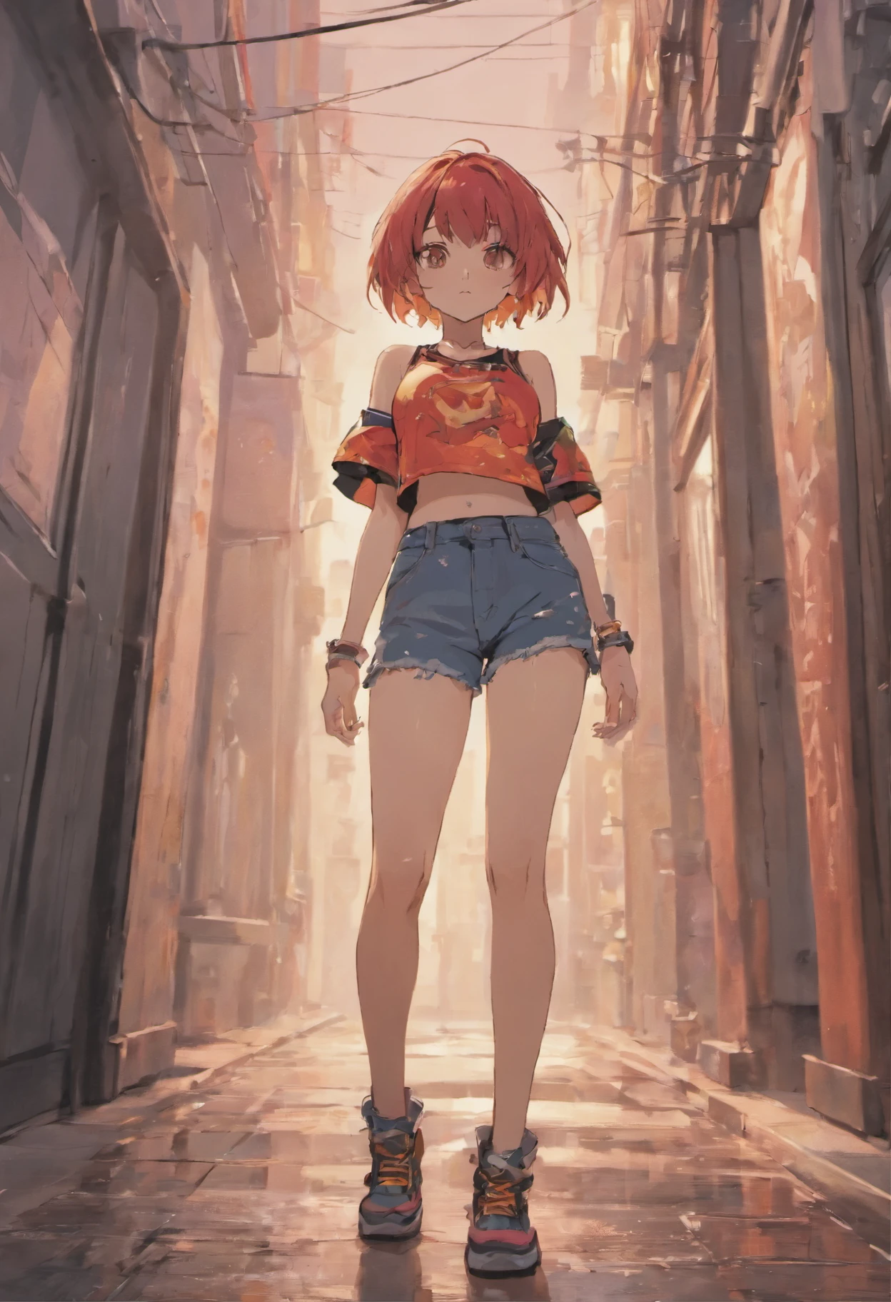 Anime illustration of a young supermodel with a toned physique, In a spicy punk crop top, Low Rise Pants, Messy Short Hair, Demonstration of various intricate tattoos, confidently standing in the middle of an abandoned street in Chiba. . Anime style, Key Visual, Vibrants, Studio anime, Highly detailed
