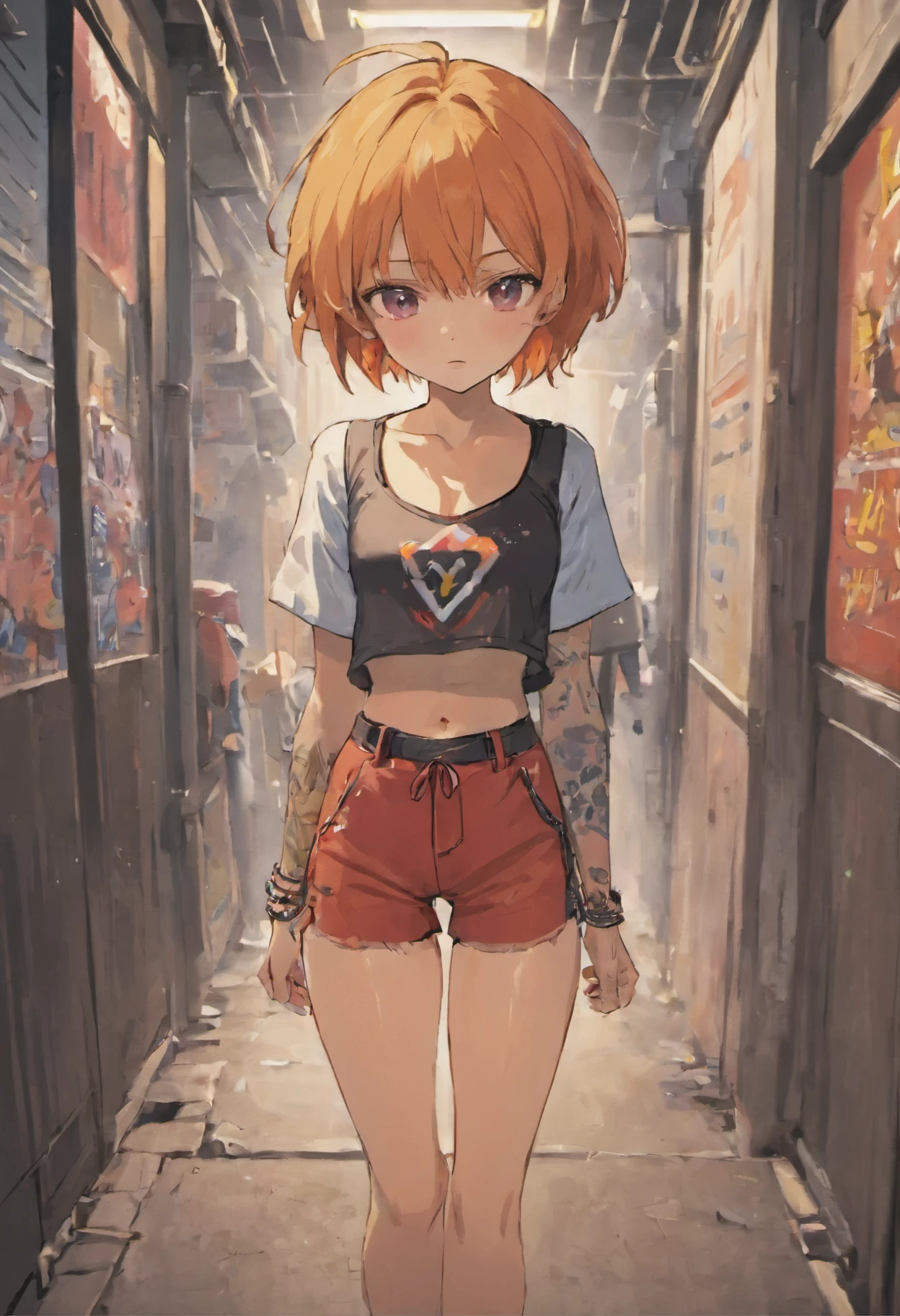 Anime illustration of a young supermodel with a toned physique, In a spicy punk crop top, Low Rise Pants, Messy Short Hair, Demonstration of various intricate tattoos, confidently standing in the middle of an abandoned street in Chiba. . Anime style, Key Visual, Vibrants, Studio anime, Highly detailed