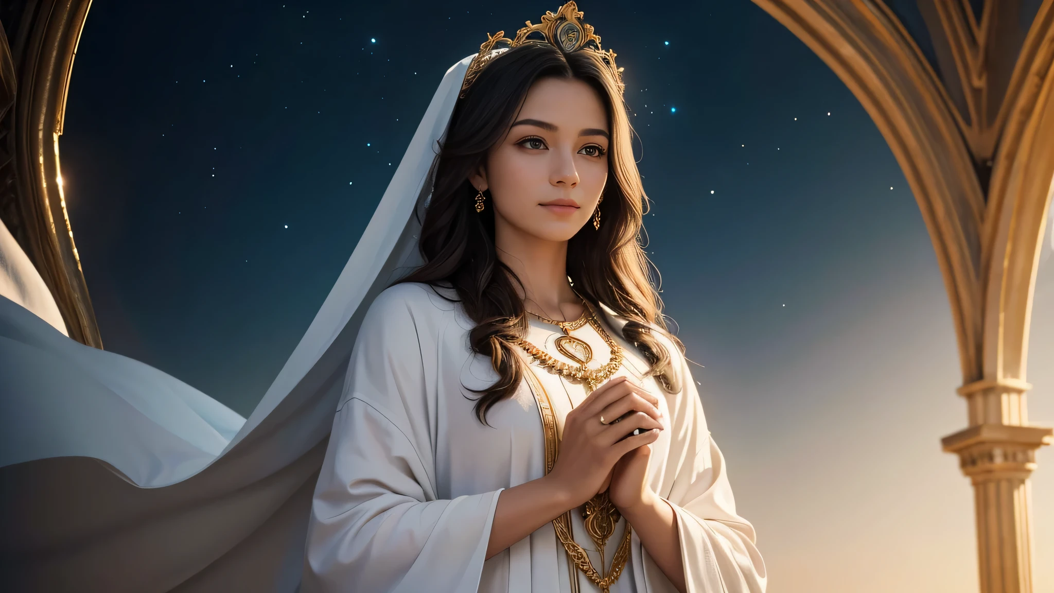 (masterpiece), (best quality), (extremely detailed), (1girl), solo, (pretty cute girl), looking at viewer, smile, slender, evenly sized eyes, extremely detailed eyes, priestess, hair ornament, upper body, (grand church of the exaltation of the holy cross steeple), outdoors, wide shot, extremely detailed wallpaper, (completely detailed features), 16k, UHD, own hands together, â¦ï¸