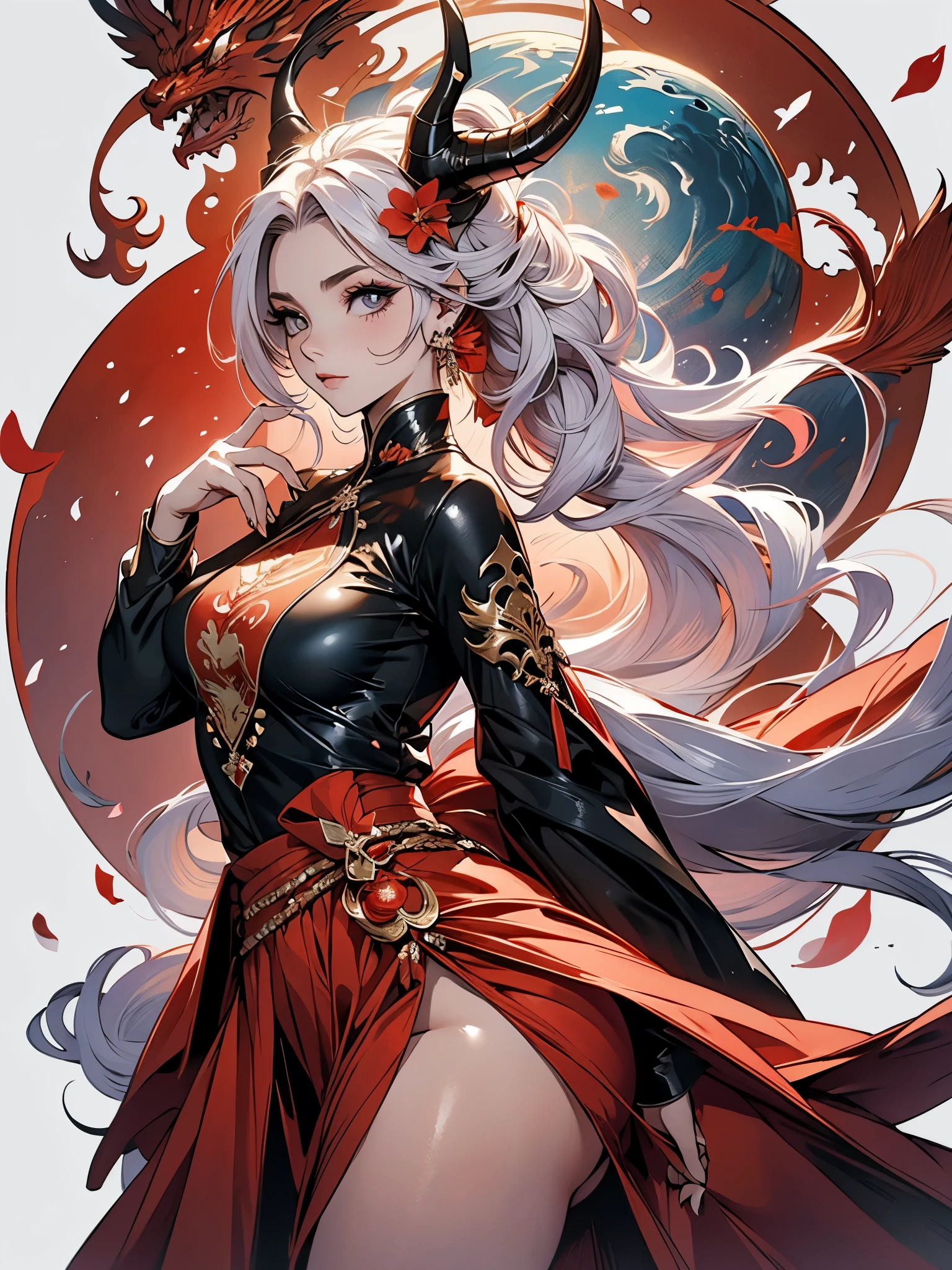 ((obra de arte, melhor qualidade)), (negative space: 1.2), (1 garota, Sozinho: 1.4), many cherry petals, olhos rosa, Dragon Girl, longo, cabelo roxo, rabo de cavalo alto, liquid hair, flores, dragon background, big ass, thick muscle body, seios pequenos redondos, chifres longos, chifres curvados, Dragon horns, corpo inteiro