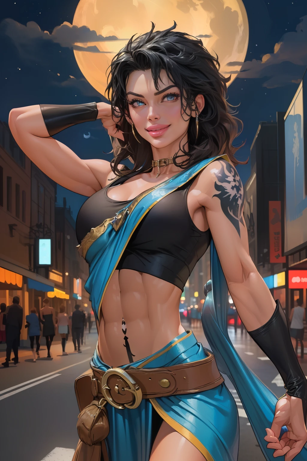 (masterpiece), best quality, (oerbayunfang), crop top, midriff, blue skirt, (slendered abs:1.3), (full lips), arm warmers, belt, tattoo, upper body, city, night, road, smile 