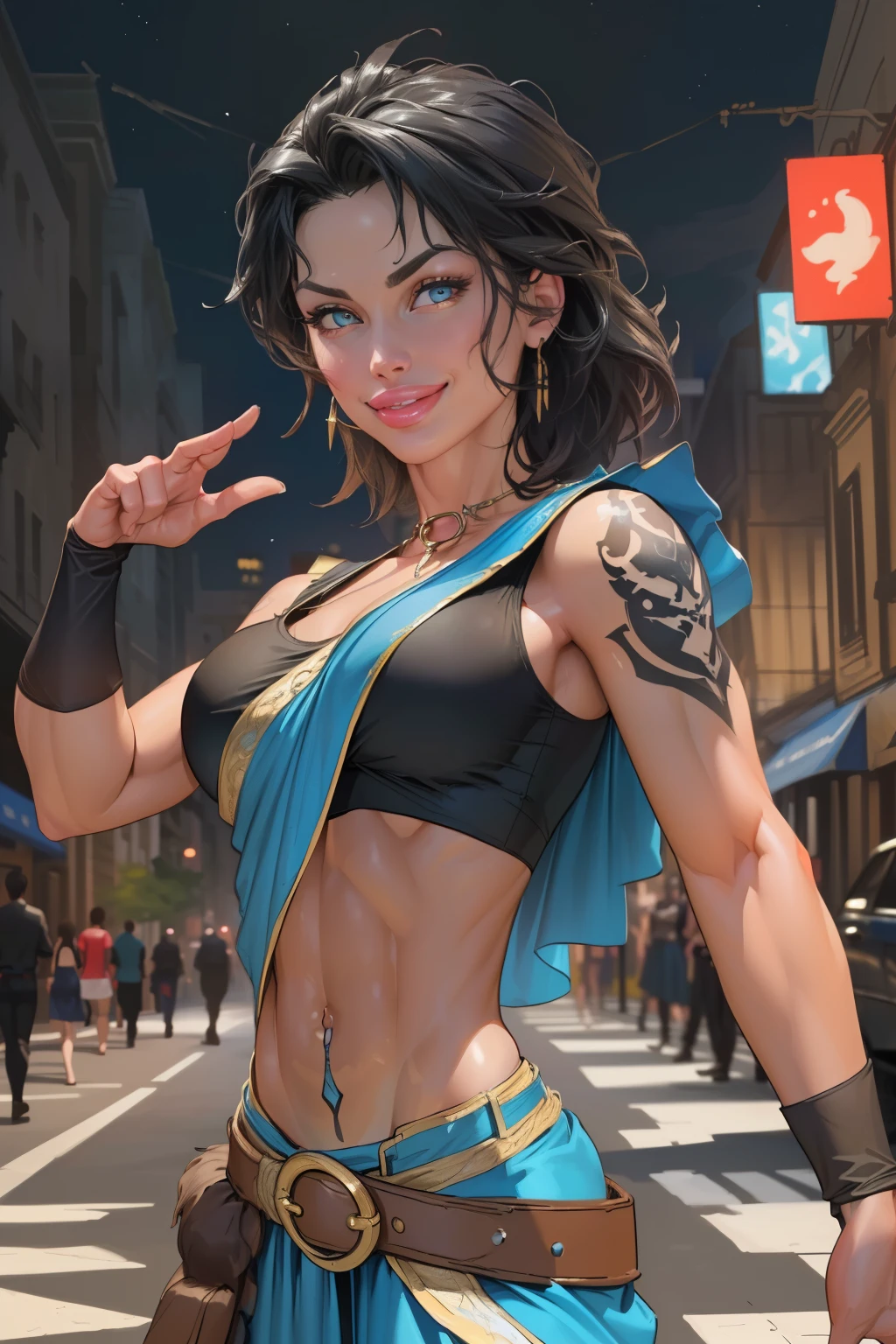 (masterpiece), best quality, (oerbayunfang), crop top, midriff, blue skirt, (slendered abs:1.3), (full lips), arm warmers, belt, tattoo, upper body, city, night, road, smile 