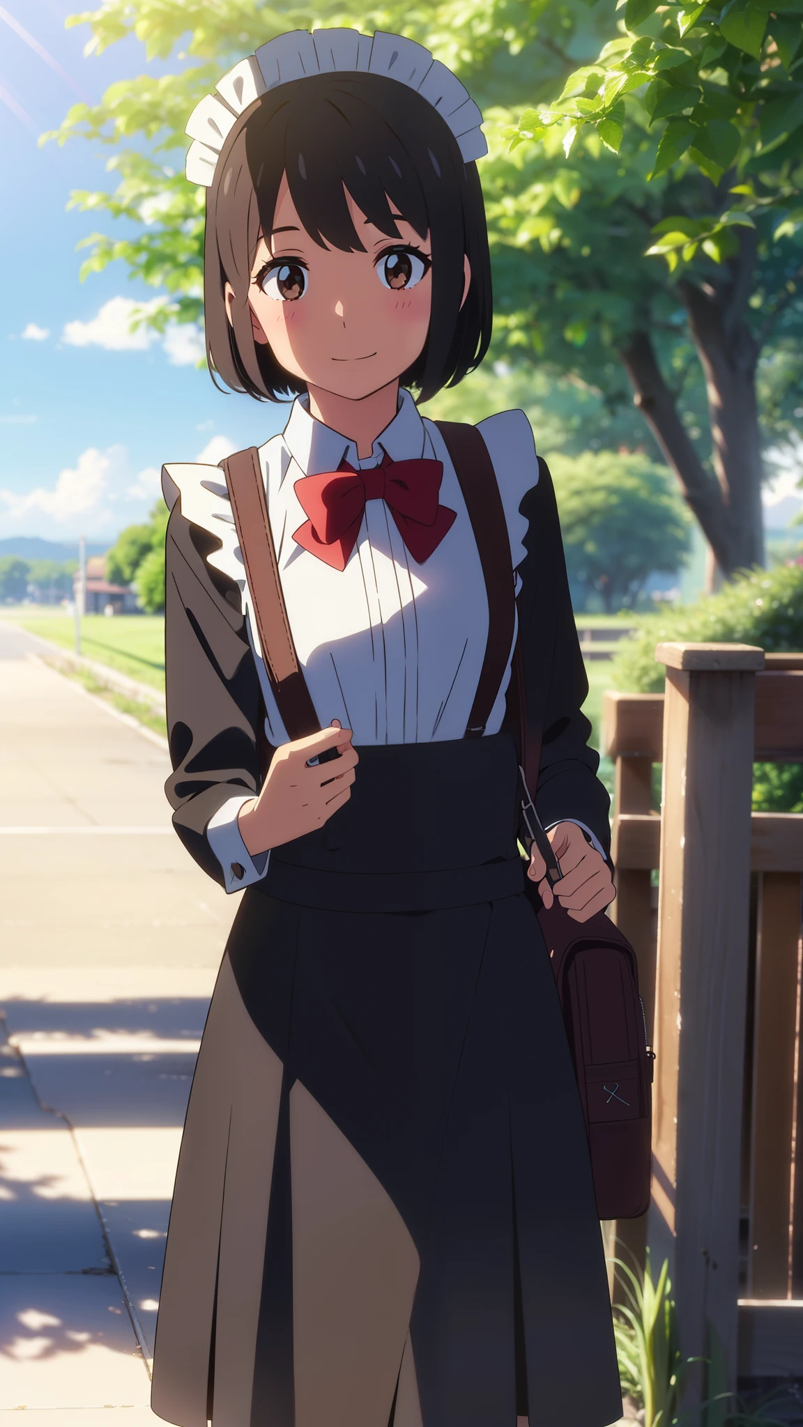 shinkai makoto, kimi no na wa., 1girl, bangs, black hair, short hair, blush, brown eyes, looking at the viewer, ((girl wear maid dress, short dress, short skirt, maid headdress)), Off-the-shoulders, red bow, red ribbon, smile, cute, school backpack, happy, fun, joyful, school, outdoors, sky, cloud, sunlight