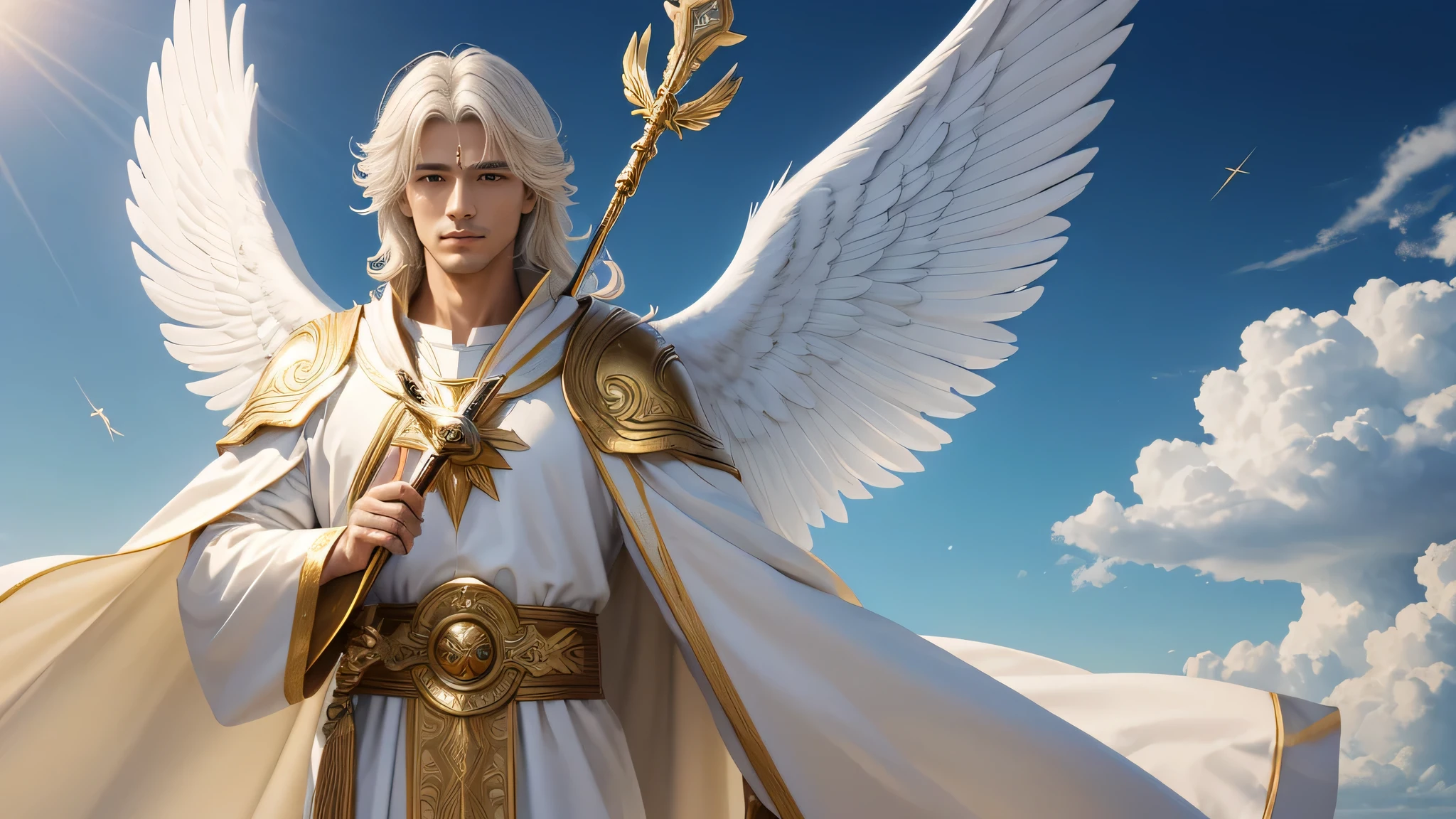 Create an image of Archangel Gabriel that conveys his importance as a heavenly messenger and his connection to significant divine announcements. archangel is majestic々It is depicted with the attitude that。, Gives off a soft and comfortable light、It has big shining wings. The figure is wrapped in a white and gold robe., Symbolizes purity, divinity and heavenly power.
Archangel Gabriel'his face is kind and merciful, With sharp eyes that reflect wisdom and compassion. he has a golden trumpet in one hand, ready to ring god'message from heaven. on the other hand、, he has a parchment or a letter, Expressing the importance of conveying messages from God and our mission as God.'messenger of.
Archangel Gabrielの周り, Soft white clouds surround you, alludes to his presence in heaven. The sky in the background is full of softness, heavenly color, An aura of tranquility and peace emanating from the archangel.
