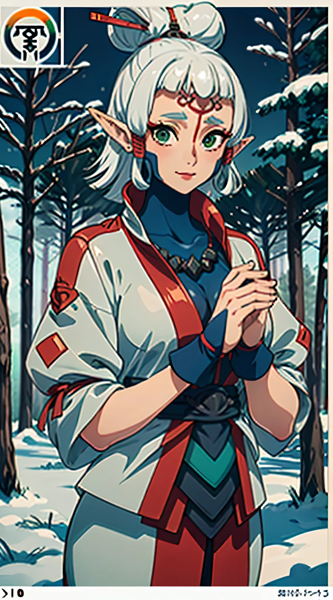 paya, cute elf, ((anime elf with extremely cute and beautiful white hair)), (((elf))), (((elf ears))), ((((white hair:1.35,short white hair, colored inner hair,ear breathing)))),(((green_eyes:1.3))),intricate eyes,beautiful detailed eyes,symmetrical eyes,big eyes:1.5,(detailed body,(detailed face)), (((intricate outfit,intricate clothes,embroidered outfit,ornate outfit,embroidered clothes,ornate clothes))), (dynamic pose:1.0),happy,smile,(centered,scale to fit dimensions,Rule of thirds), ((snowy pine forest at night)), with dark stormy clouds,winter,scenery:1.25,((snow forest background)),Christmas tree, highres,sharp focus,(ultra detailed,extremely detailed),(photorealistic artwork:1.37),(extremely detailed CG unity 8k wallpaper),(((vibrant colors,vibrant theme))),(intricate),(masterpiece),(best quality),