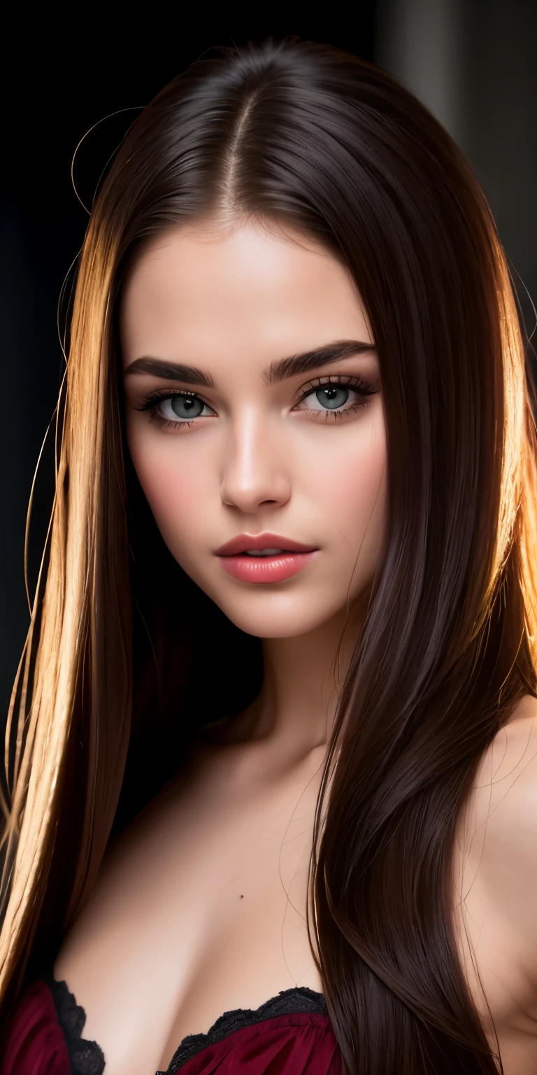 Botox lips, very moist skin and hair, firm breasts, dark blond hair, long straight hair, wet peignoir, European youth, perfect body, open (thin, perfect body, small), photorealism trends, high-resolution details, raw photography, sharpness, uniqueness in d850 4, koda850 k 400 portrait camera, 1.6 lens, rich colors, hyperrealistic texture, spectacular lighting, a surprise to real art, the fashionable Cinestil 800 mechanism,