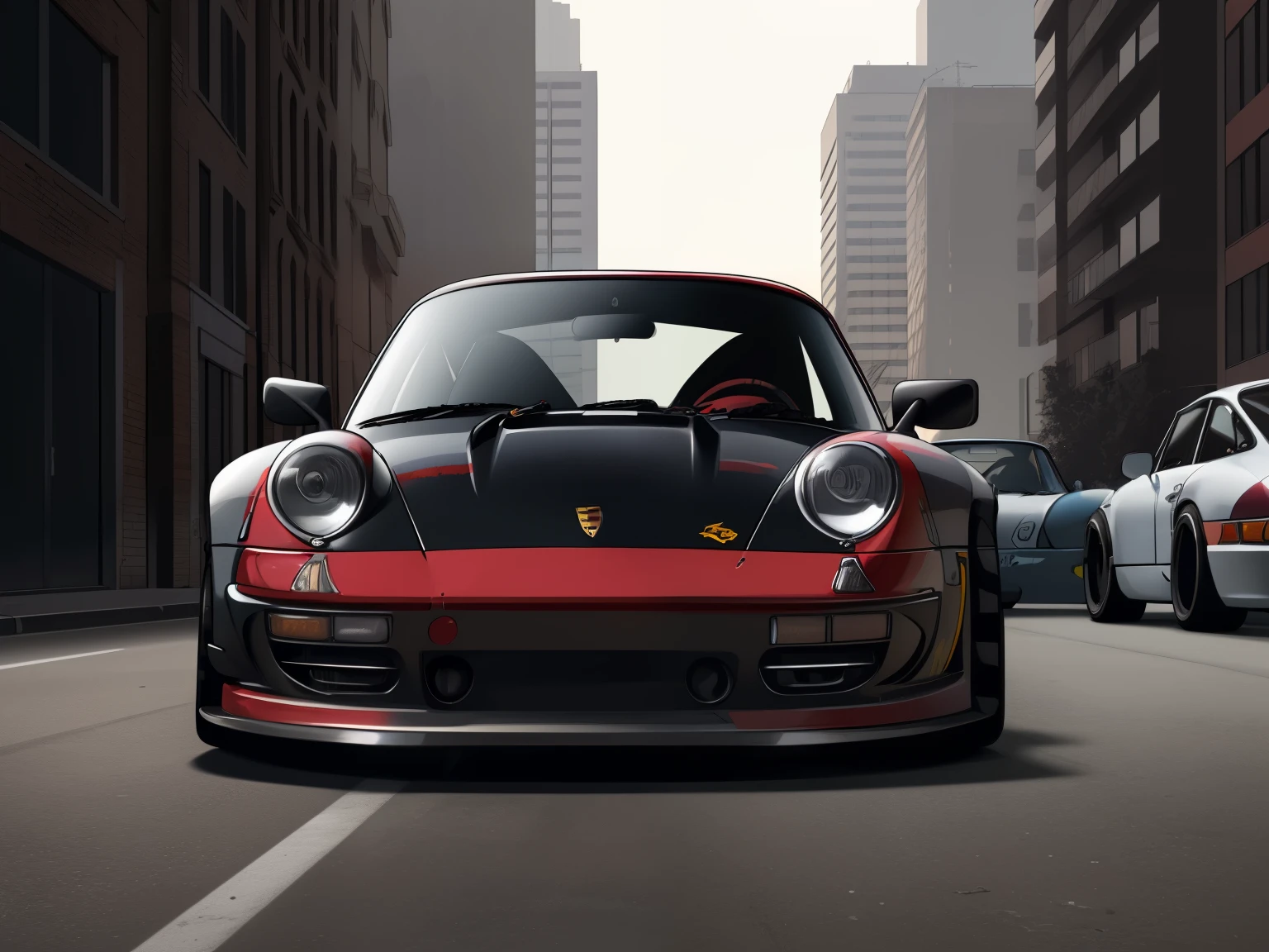 nvinkpunk, painting of a city with a black Porsche 911 rwb rotting,wide bodykit, large wheels, high quality,