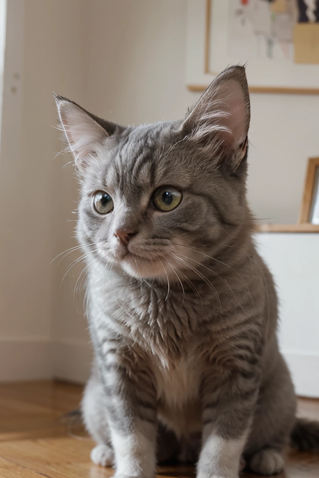 ((melhor qualidade)), ((obra de arte)), (detalhado), perfect face muzzle of a gray Persian cat in animation format, no fundo uma sala de estar