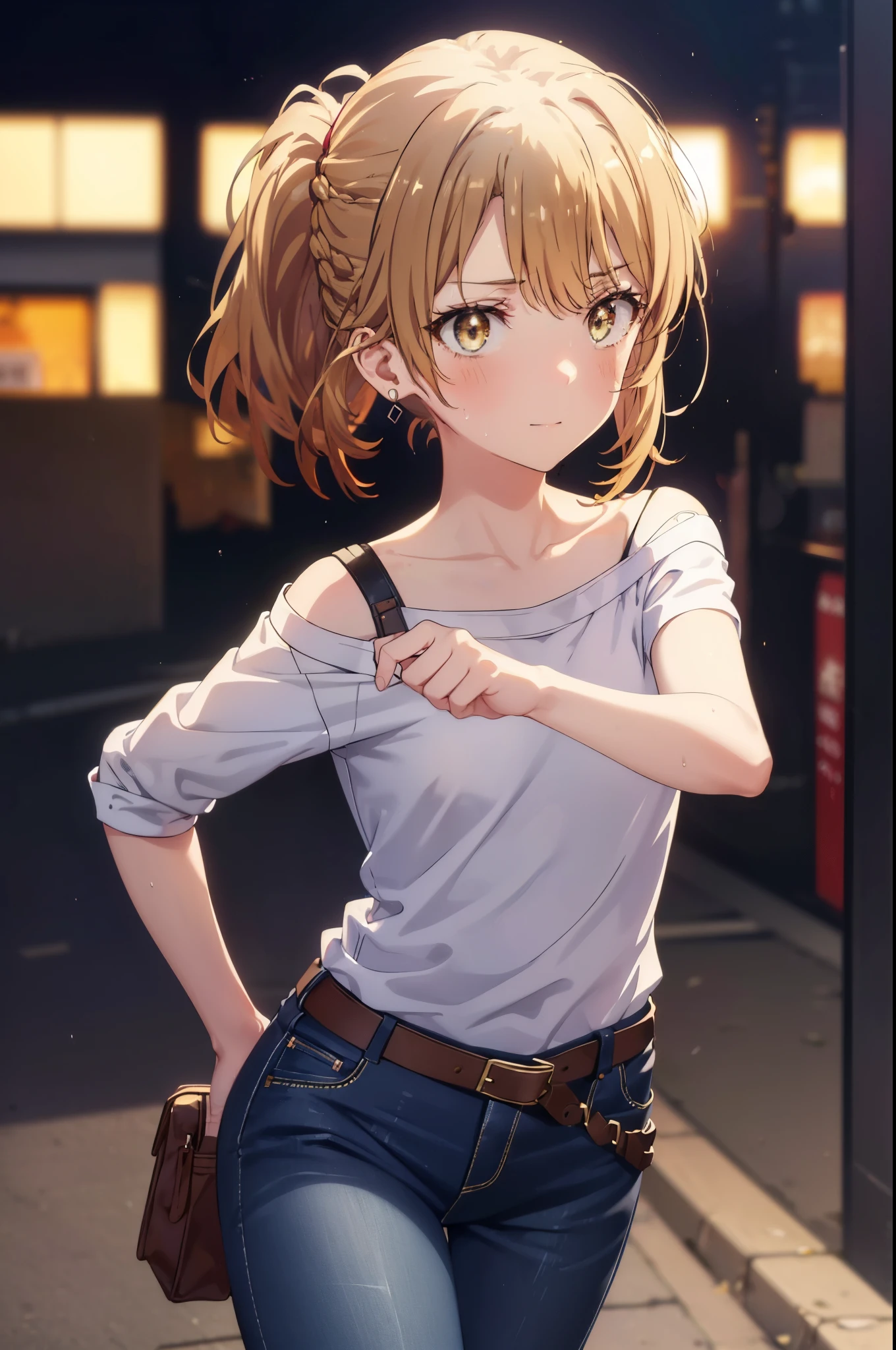 irohaisshiki, iroha isshiki, long hair, ponytail,brown hair, (brown eyes:1.5), short braided hair,smile,tight waist, skinny, Big eyes,long legs,ripped short denim pants,leather belt,medium chest,puffy eyes, leather belt, It&#39;s a bellybutton,shiny skin, Face-to-face audience, cover the ribcage:0.7), sweating, Drops of sweat scattering,off shoulder,Torn top, blush, nervous, sweaty,round earrings,short boots,
break outdoors, In town,路地裏
break looking at viewer,
break (masterpiece:1.2), highest quality, High resolution, unity 8k wallpaper, (figure:0.8), (detailed and beautiful eyes:1.6), highly detailed face, perfect lighting, Very detailed CG, (perfect hands, perfect anatomy),