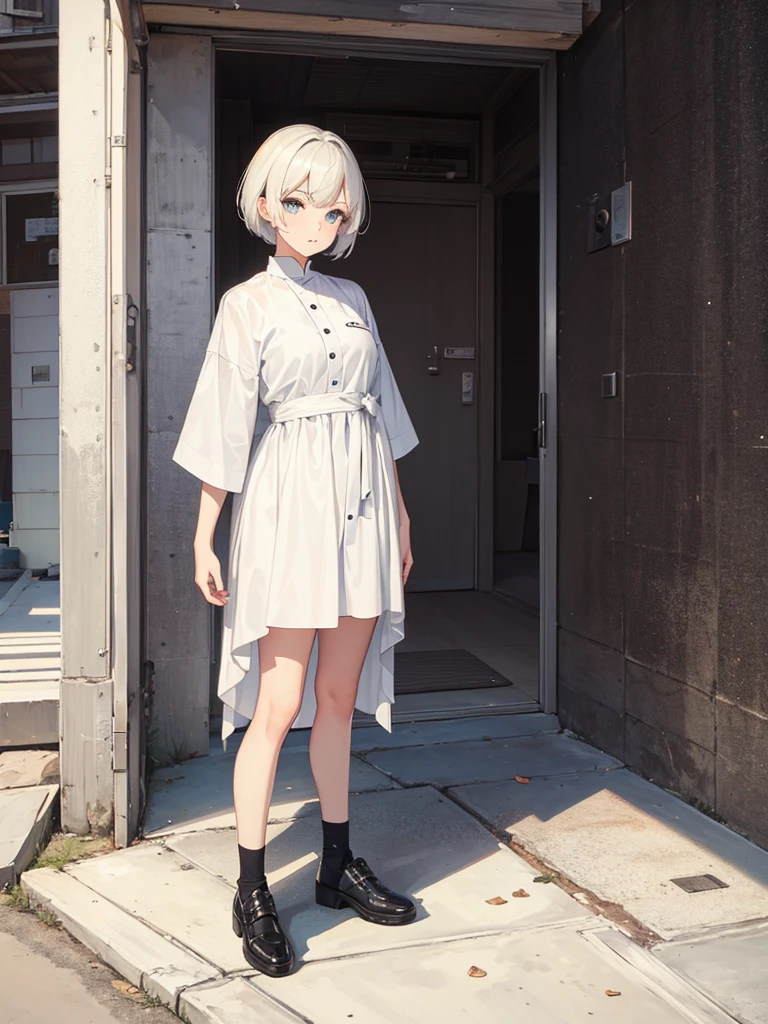 white short hair，old woman，Standing whole body，One leg missing。Dress modestly，tattered 