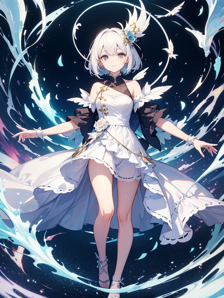 white short hair，old woman，Standing whole body，One leg missing。Dress modestly，tattered 