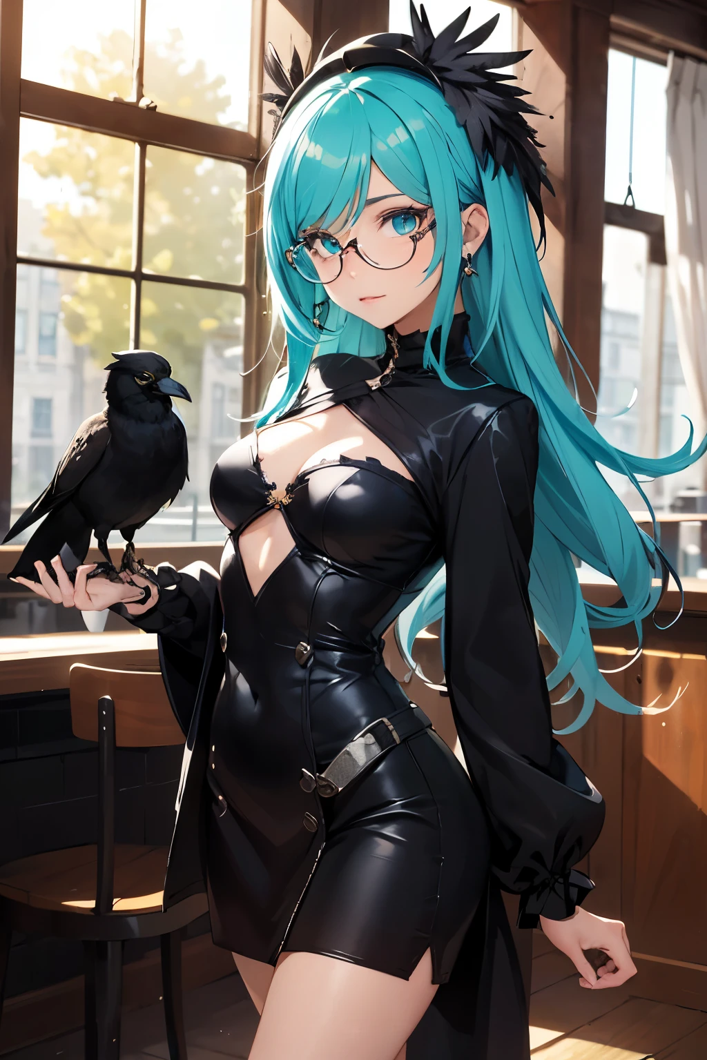 ((Mejor calidad)), ((Obra maestra)), (detallado), cara perfecta, ((Mejor calidad)), ((Obra maestra)), (detallado), cara perfecta, An (((anthropomorphic crow girl))) with shimmering black feathers and piercingly bright eyes like ebony, appearing small but striking, in a cozy cafe alongside the sexy t-shirt and mini skirt, celeste hair, wearing large glasses, tired and disheveled, with luxurious black feathers on her head, prominent under eye circles, winter touches, and a fully outfitted sexy gothic girl figure. anime style, rain day, pelo largo de color celeste