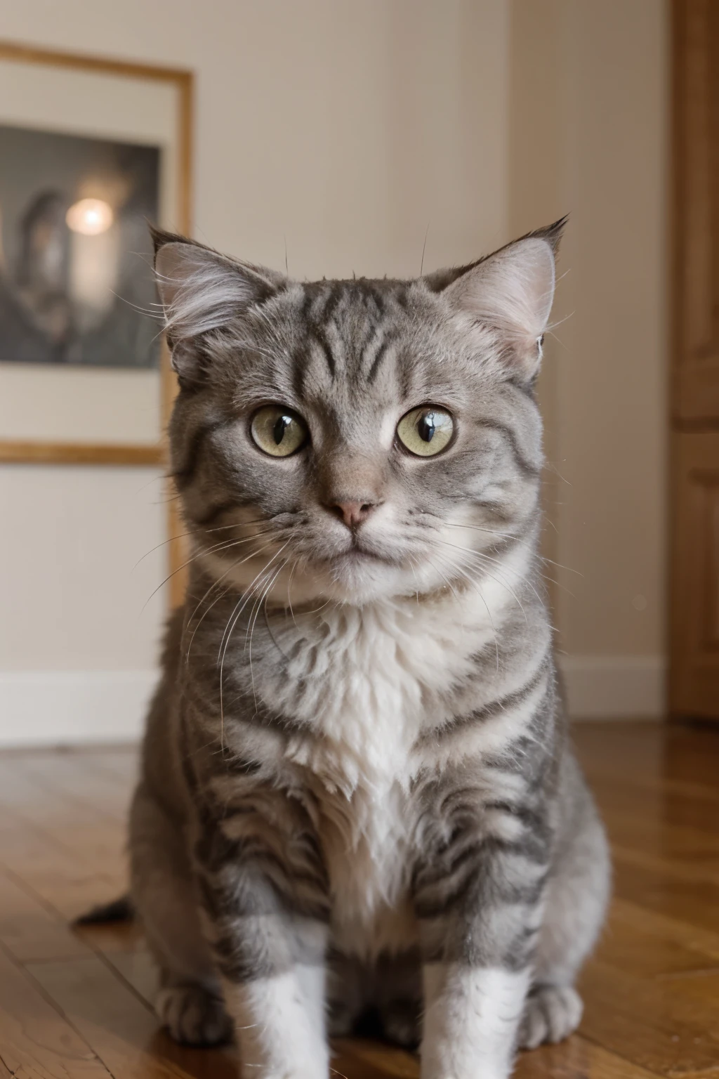((melhor qualidade)), ((obra de arte)), (detalhado), perfect muzzle face of a gray Persian cat looking at the camera with a happy face in animation format, no fundo uma sala de estar