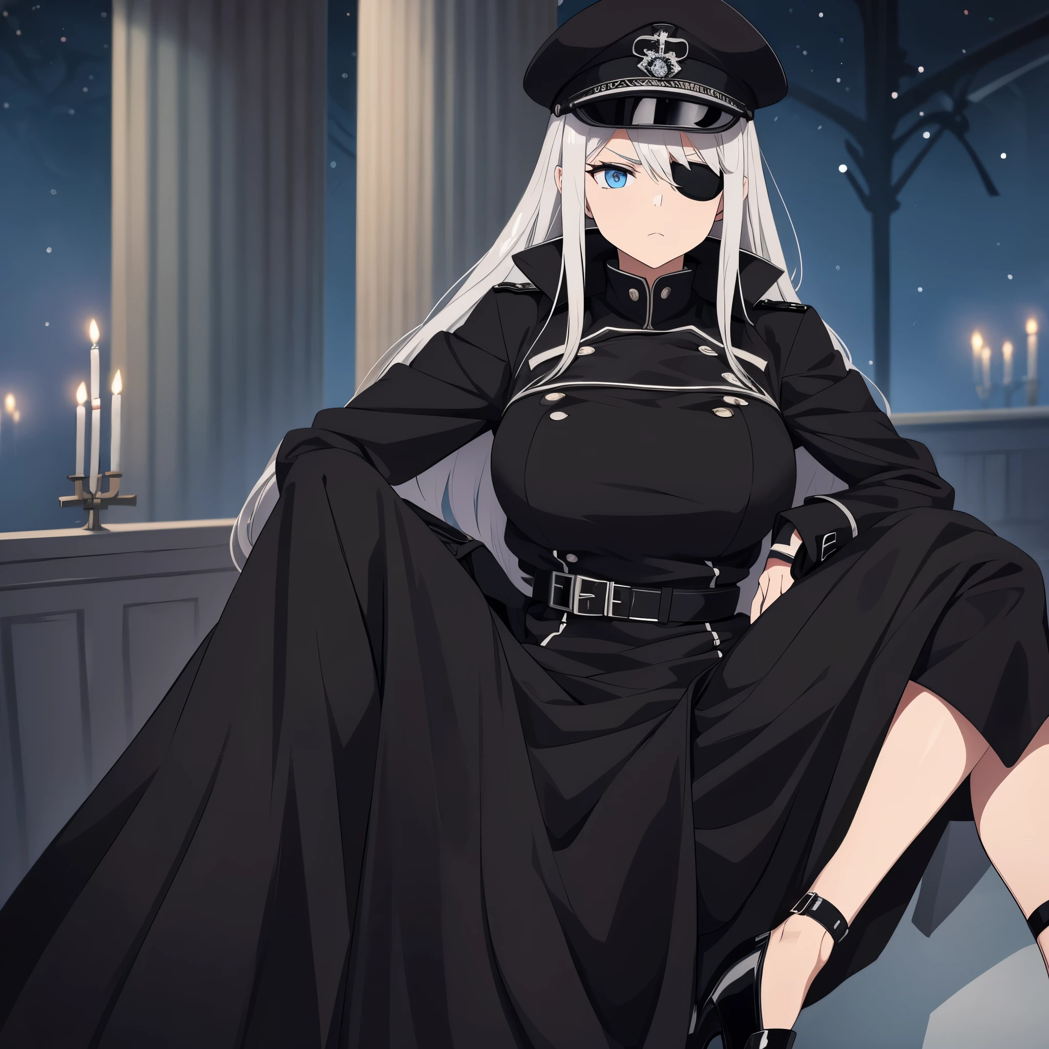 A woman, with silver hair with a reddish tone, hair covering her eyes, light blue eyes, an iron cross eye patch, wearing a long black gothic coat with a slightly reddish tone, with iron cross symbols on the silver coat, black officer's hat with dress detail, with iron cross hat, heel with iron cross detail, in a nordic castle at night, serious face.