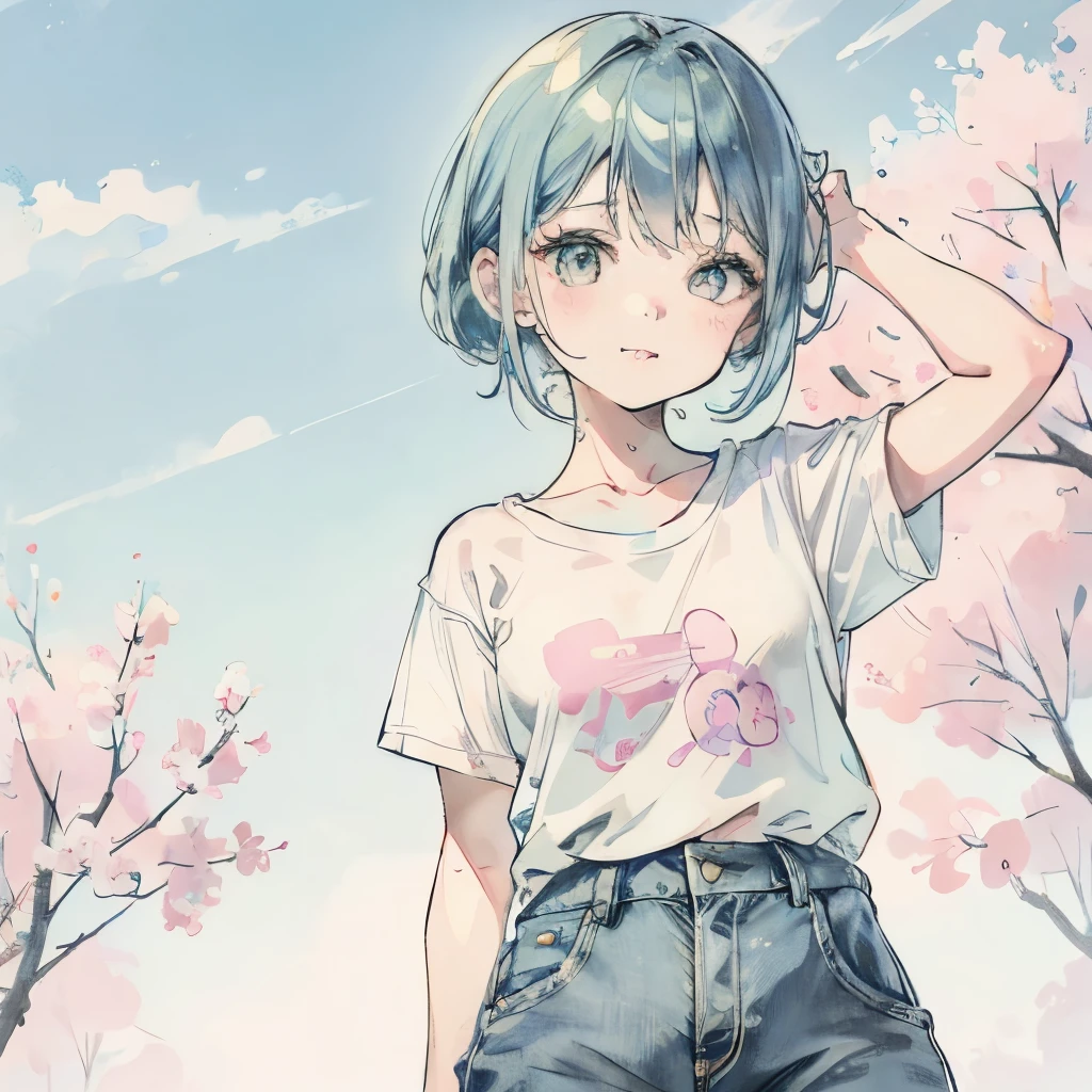 pastel colour美女、pastel colourのTシャツ、denim shorts、pastel colourのスニーカー、pastel colour、pastel colour緑髪、sticking out tongue、provocative pose with eyes wide open、combing one's hair、