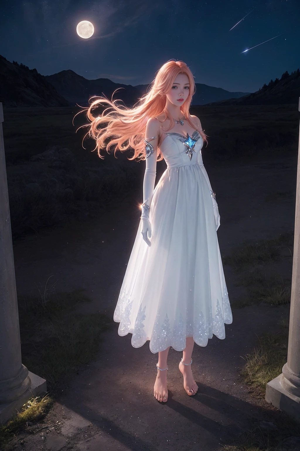 ((Full body photo,standing, feet on the ground))  hair red gradient blonde,  night sky, detailed face, face focus, shiny skin, game cg, nigh sky, moonlight, moon,  white gloves, magical girl beauty in dress glass, Intricate Surface Detail,  Crystal Core , Ethereal Fantasy, Realistic, Fiction, Full-HD, 8K Photo