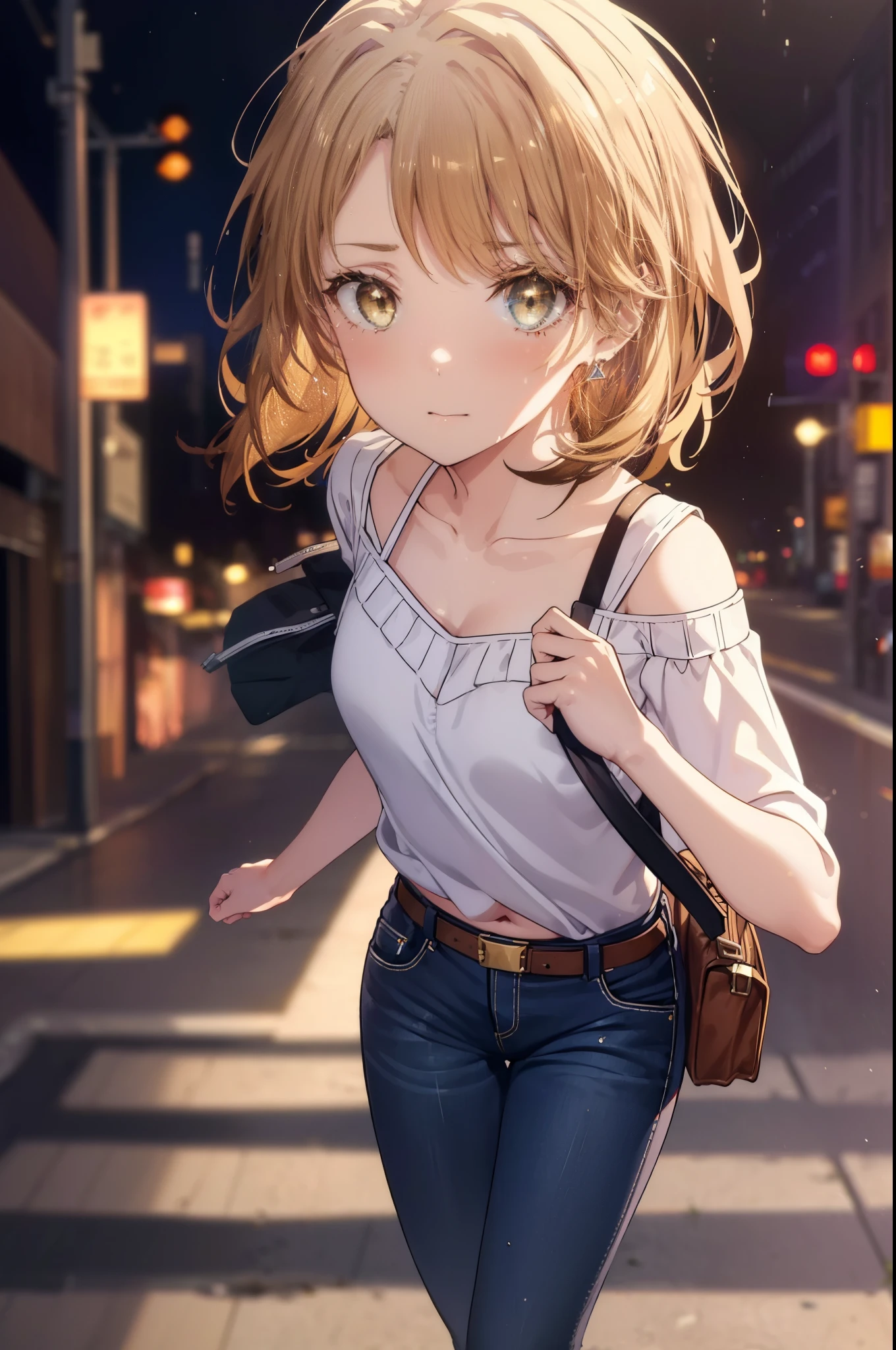 irohaisshiki, iroha isshiki, long hair, ponytail,brown hair, (brown eyes:1.5), short braided hair,smile,tight waist, skinny, Big eyes,long legs,ripped short denim pants,leather belt,medium chest,puffy eyes, leather belt, It&#39;s a bellybutton,shiny skin, Face-to-face audience, cover the ribcage:0.7), sweating, Drops of sweat scattering,off shoulder,Torn top, blush, nervous, sweaty,round earrings,short boots,
break outdoors, In town,路地裏
break looking at viewer,
break (masterpiece:1.2), highest quality, High resolution, unity 8k wallpaper, (figure:0.8), (detailed and beautiful eyes:1.6), highly detailed face, perfect lighting, Very detailed CG, (perfect hands, perfect anatomy),