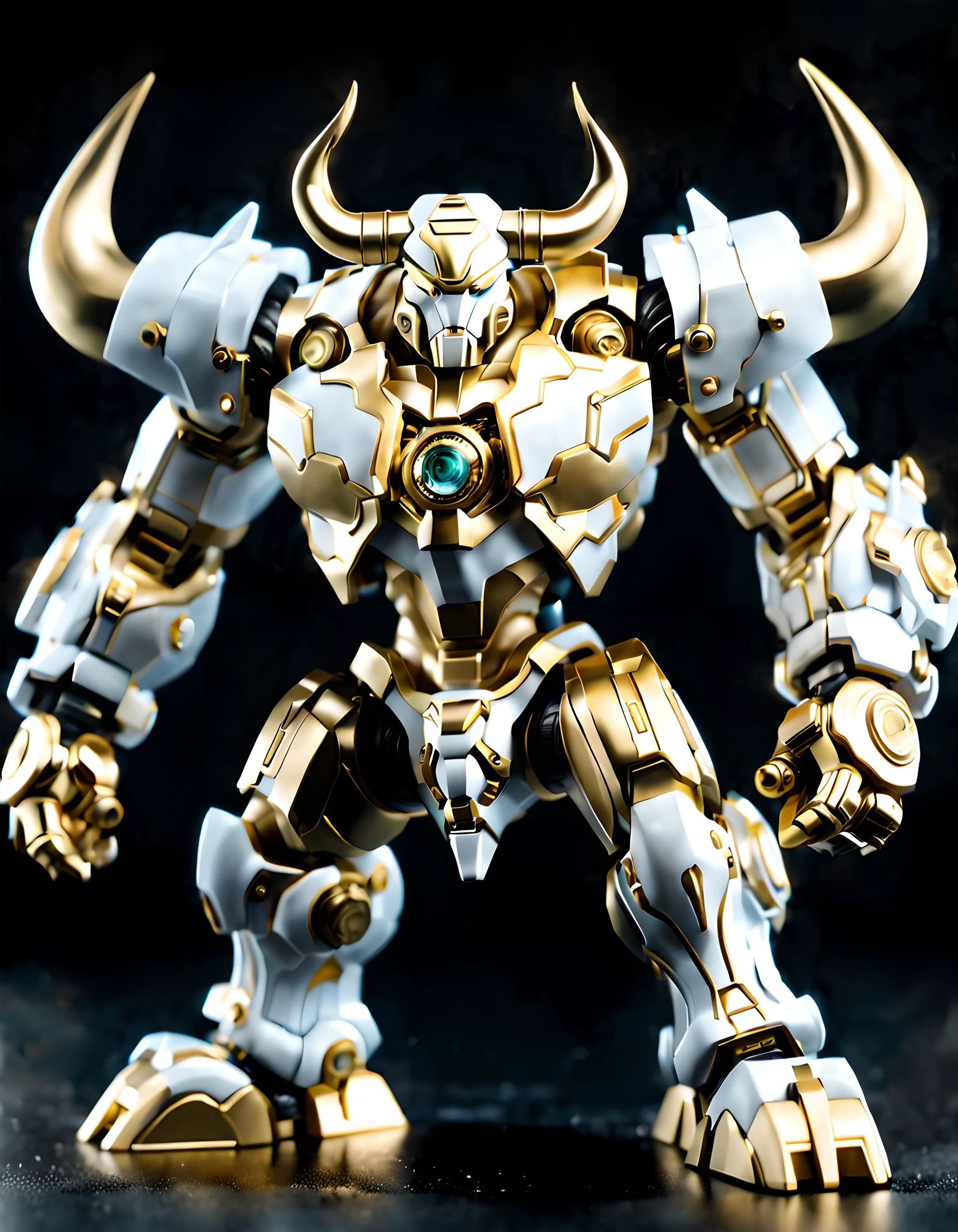 (Blind box toy style:1.2),Anthropomorphic mecha white transparent glass bull ,full view,Pure black background, white and gold color scheme. one on the ground (fighting stance), (The internal structure is complex and precise，Precision luminous electronic eye)，Exquisite and complex mecha textures,(gold mechanical thread:1.2), (Ray tracing, Well-designed, high detail, masterpiece, best quality, ultra high definition)