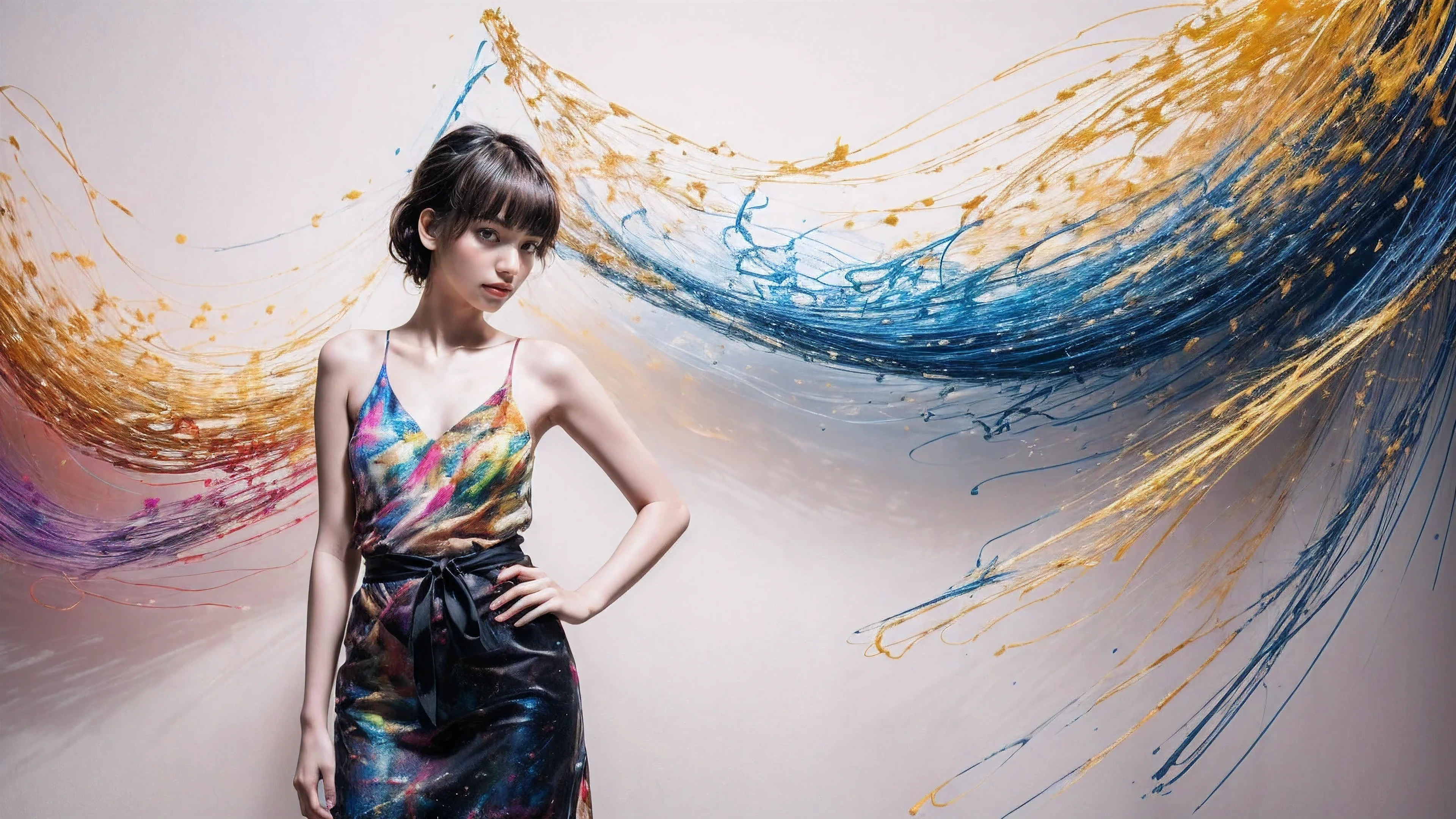 (Best quality, actual, photoactual, photo-actual, colorful, sharp focus), (full body, wide angle shot), (1 cute Japanese girl), (Nana Komatsu),Jackson Pollock action painting, kinetic expression, colorful hair, (Photograph Art Minimalism:1.1), simple background, studio.