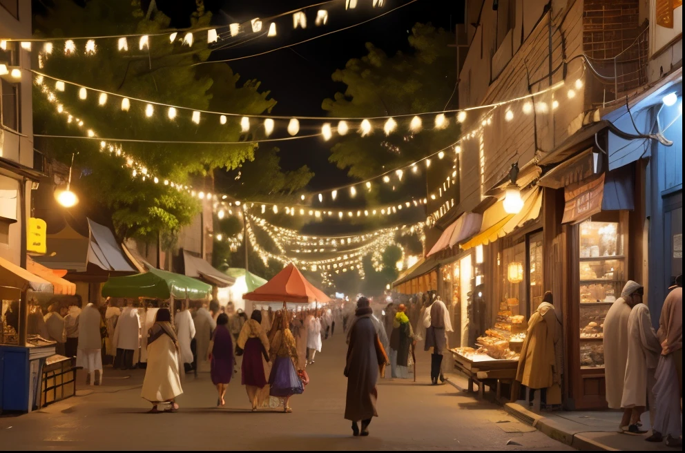 Ramadan outdoor scene，No people in close range，Lively street market，There are Ramadan lanterns in the scene