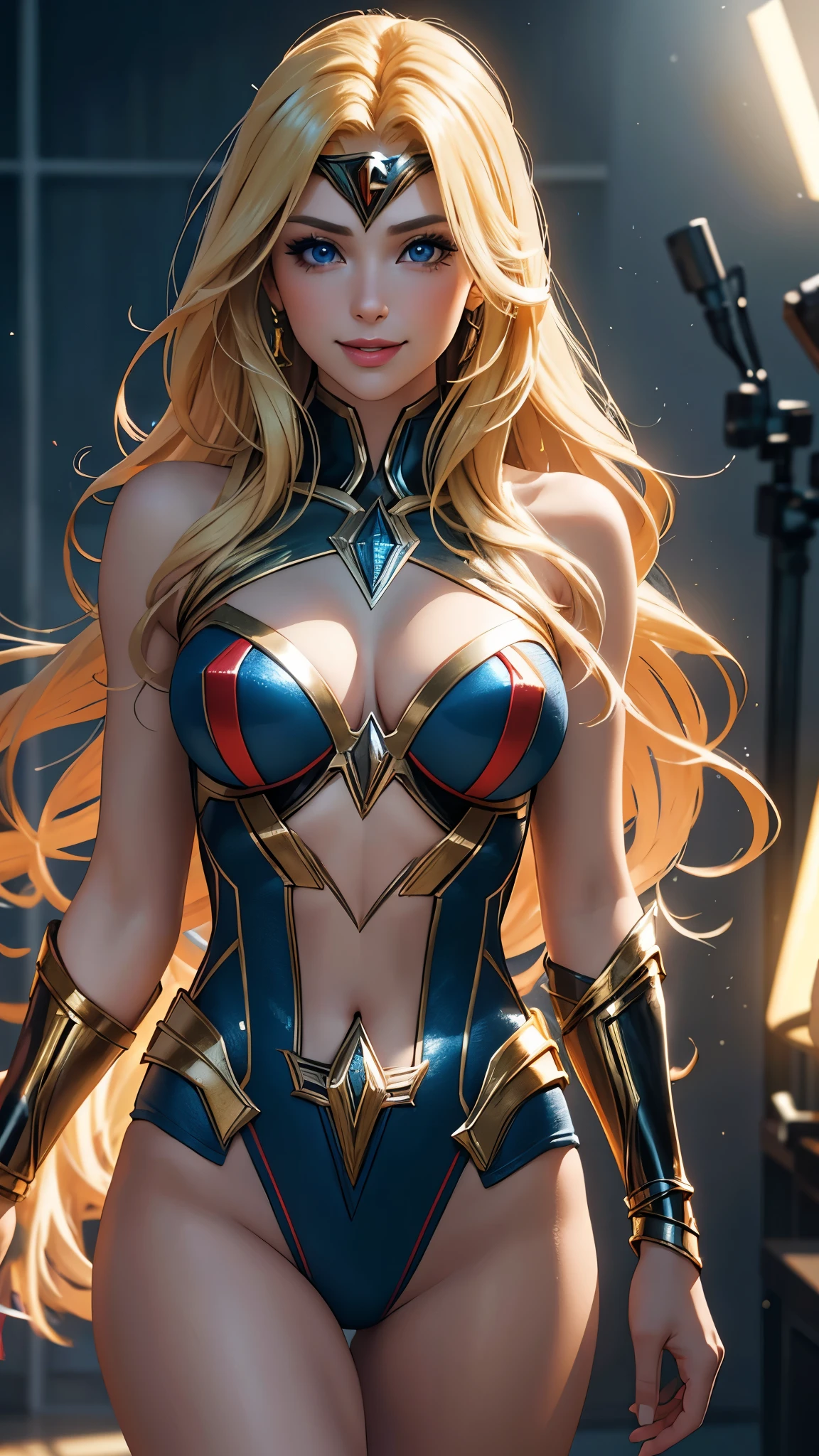 (best quality,ultra-detailed,photo-realistic:1.37),bright and vibrant colors,studio lighting,playful expression,stylish makeup,long blonde hair flowing in the wind,alluring eyes,glossy lips,sexy pose, DC Justice League, Headquarter, smiling in a confident and seductive way,posing for a professional photoshoot,shallow depth of field,highlighting the main subject,soft natural lighting,creating a dreamy and magical atmosphere.