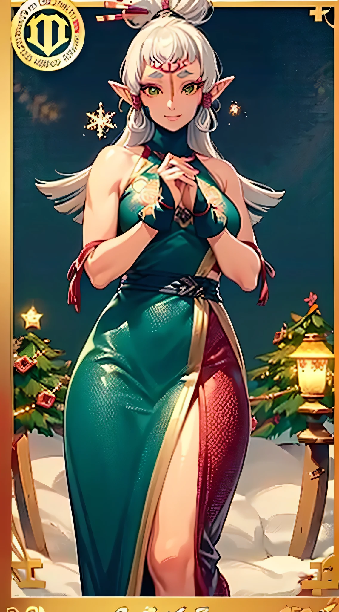 paya, cute elf, ((anime elf with extremely cute and beautiful white hair)), (((elf))), (((elf ears))), ((((white hair:1.35,short white hair, colored inner hair,ear breathing)))),(((green_eyes:1.3))),intricate eyes,beautiful detailed eyes,symmetrical eyes,big eyes:1.5,(detailed body,(detailed face)), (((intricate outfit,intricate clothes,embroidered outfit,ornate outfit,embroidered clothes,ornate clothes))), (dynamic pose:1.0),happy,smile,(centered,scale to fit dimensions,Rule of thirds), ((snowy pine forest at night)), with dark stormy clouds,winter,scenery:1.25,((snow forest background)),Christmas tree, highres,sharp focus,(ultra detailed,extremely detailed),(photorealistic artwork:1.37),(extremely detailed CG unity 8k wallpaper),(((vibrant colors,vibrant theme))),(intricate),(masterpiece),(best quality),