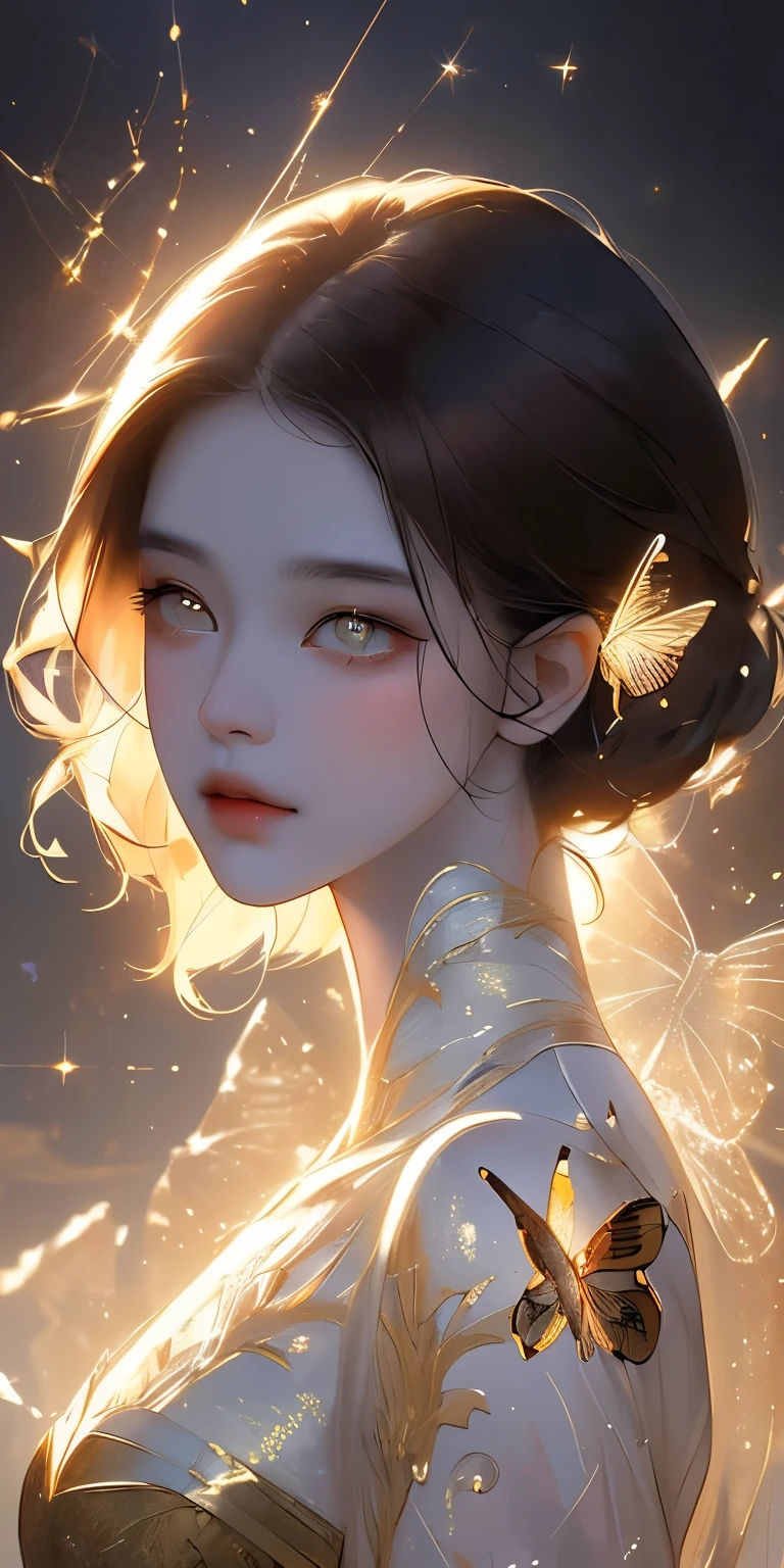 8k portrait of beautiful robot with brown hair, complex, elegant, Very detailed, majestic, digital photography, Artgerm、Artwork by Ruan Jia and Greg Rutkowski, Surrealism, gold butterfly filigree, shattered glass, (masterpiece, Side light, Exquisite and beautiful eyes: 1.2), human development report