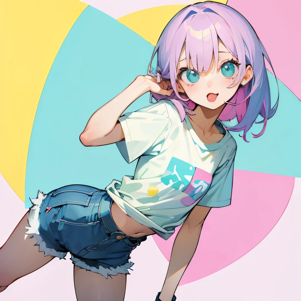 pastel colour美女、pastel colourのTシャツ、denim shorts、pastel colourのスニーカー、pastel colour、pastel colour緑髪、sticking out tongue、provocative pose with eyes wide open、combing one's hair、Pose that sticks out your butt