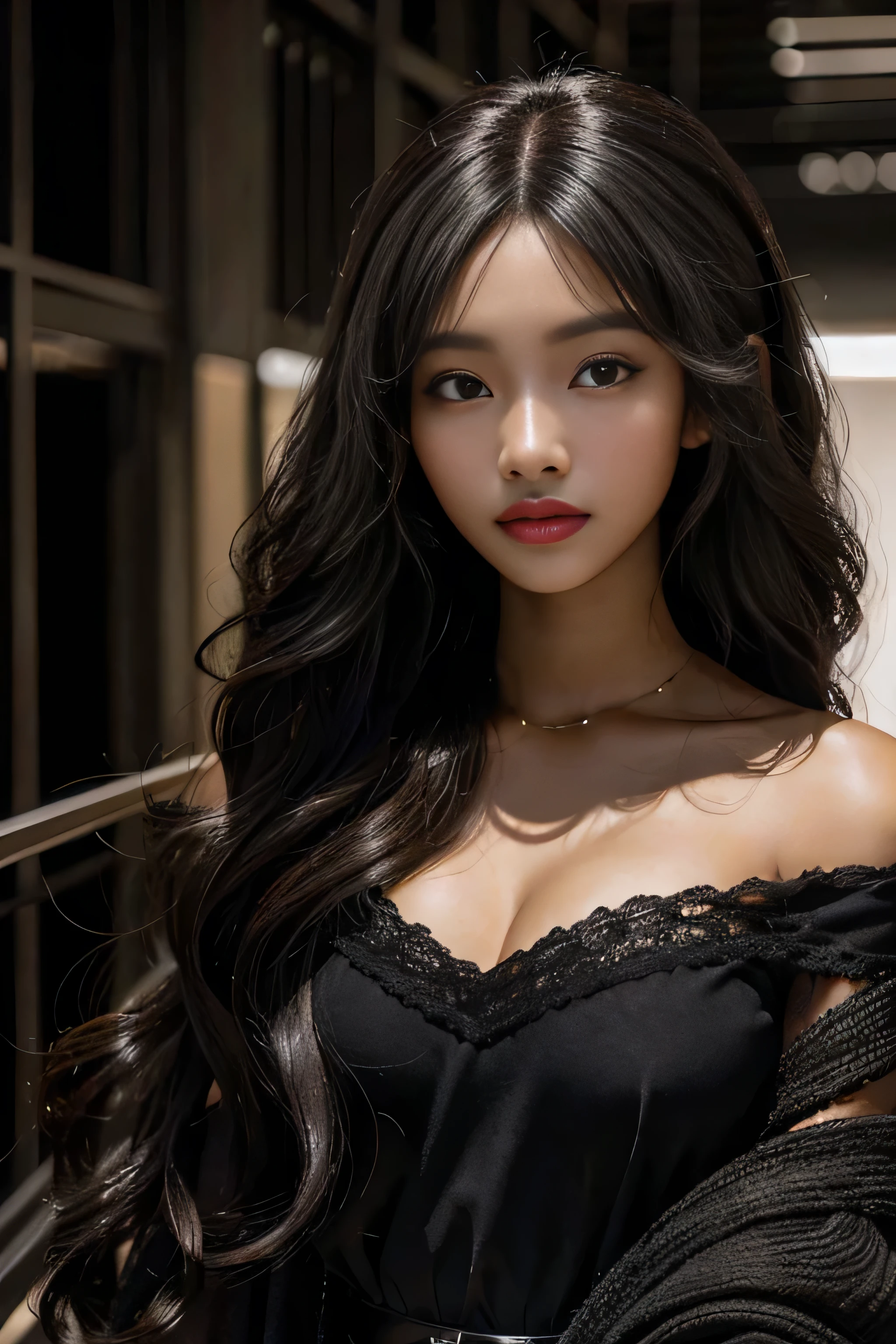 masterpiece, best quality, beautiful black and Asian mixed 19 year old, ebony skin female, long, frizzy, curly dark hair, perfect face, half body, long hair,