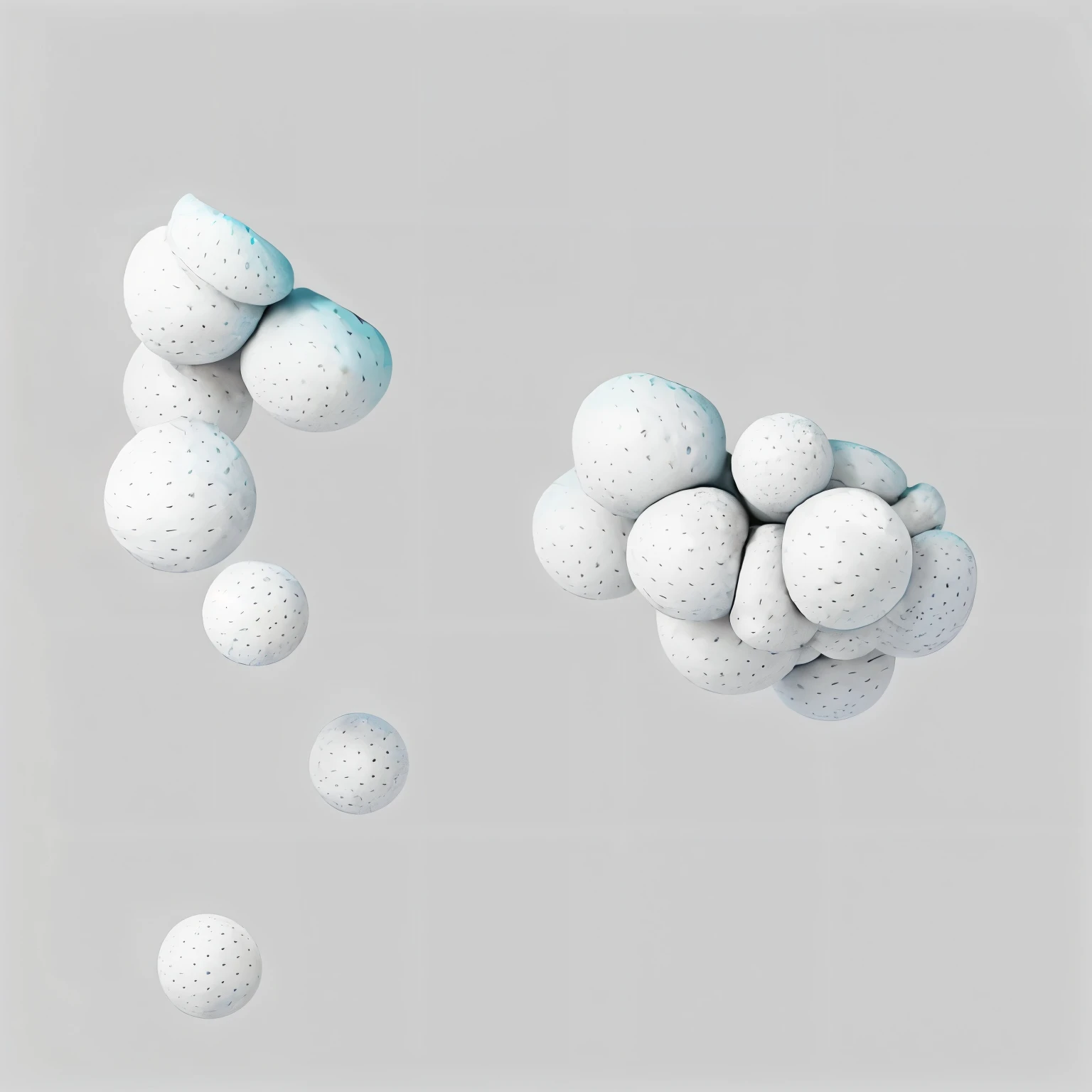 Many white and blue balls on a gray background, Spores floating in the air, many floating spheres, sparse floating particles, floating molecules, Smooth 3D illustration, Smooth 3D illustration, particles floating, floating spheres and shapes, Depicted as 3D rendering, floating particles, Soft 3D rendering, High quality theme rendering