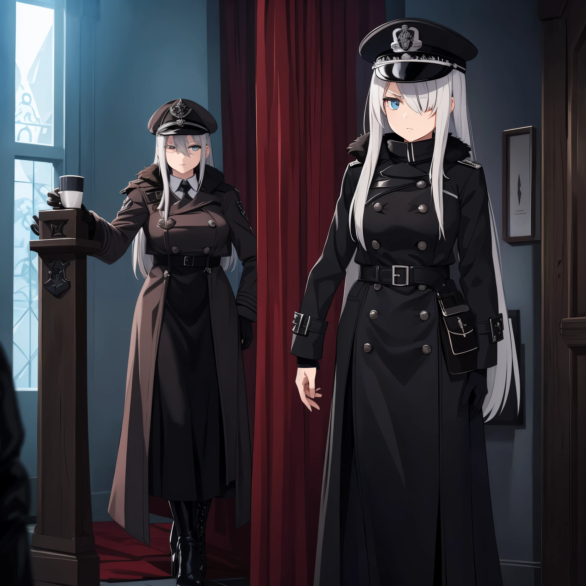 A woman, with silver hair with a reddish tint, hair covering her eyes, light blue eyes, a personalized iron cross eye patch, wearing a long black gothic coat with a slightly reddish tint, with iron cross symbols on the silver coat , black officer's hat with dress detail, with iron cross hat, heel with iron cross detail, in a nordic castle at night, serious face.