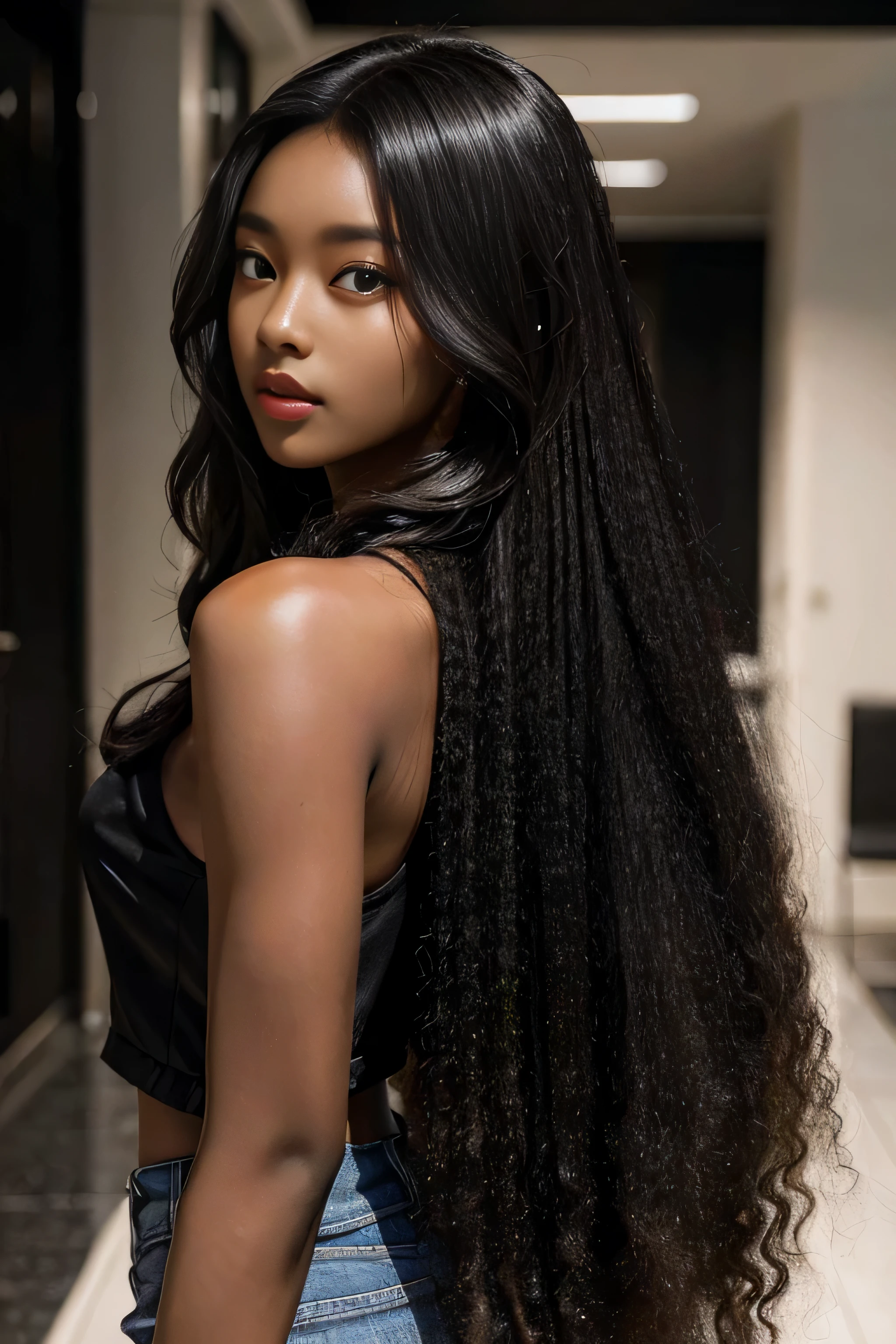 masterpiece, best quality, beautiful black and Asian mixed 19 year old, ebony skin female, long, frizzy, curly dark hair, perfect face, half body, long hair,