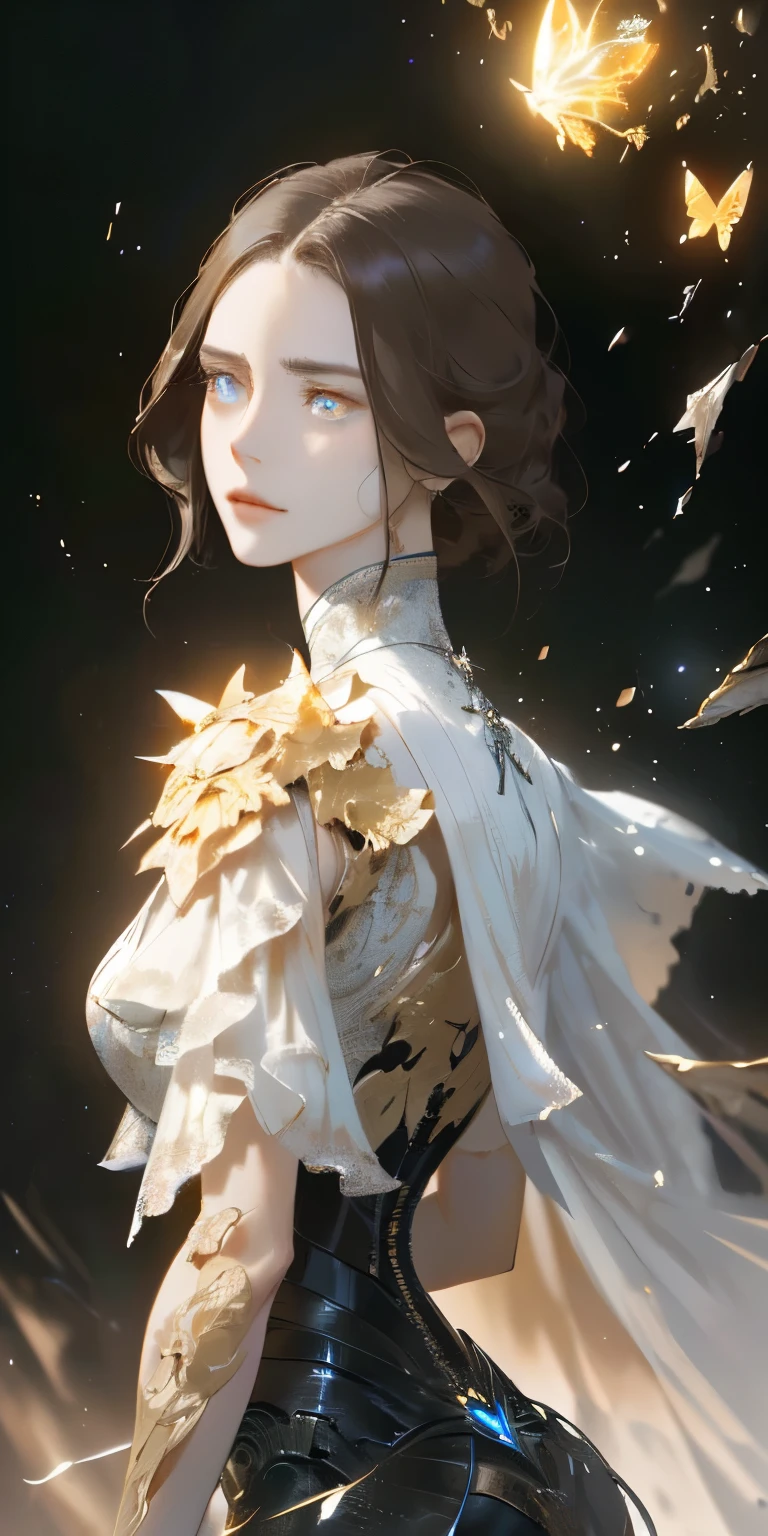 8k portrait of beautiful robot with brown hair, complex, elegant, Very detailed, majestic, digital photography, Artgerm、Artwork by Ruan Jia and Greg Rutkowski, Surrealism, gold butterfly filigree, shattered glass, (masterpiece, Side light, Exquisite and beautiful eyes: 1.2), human development report