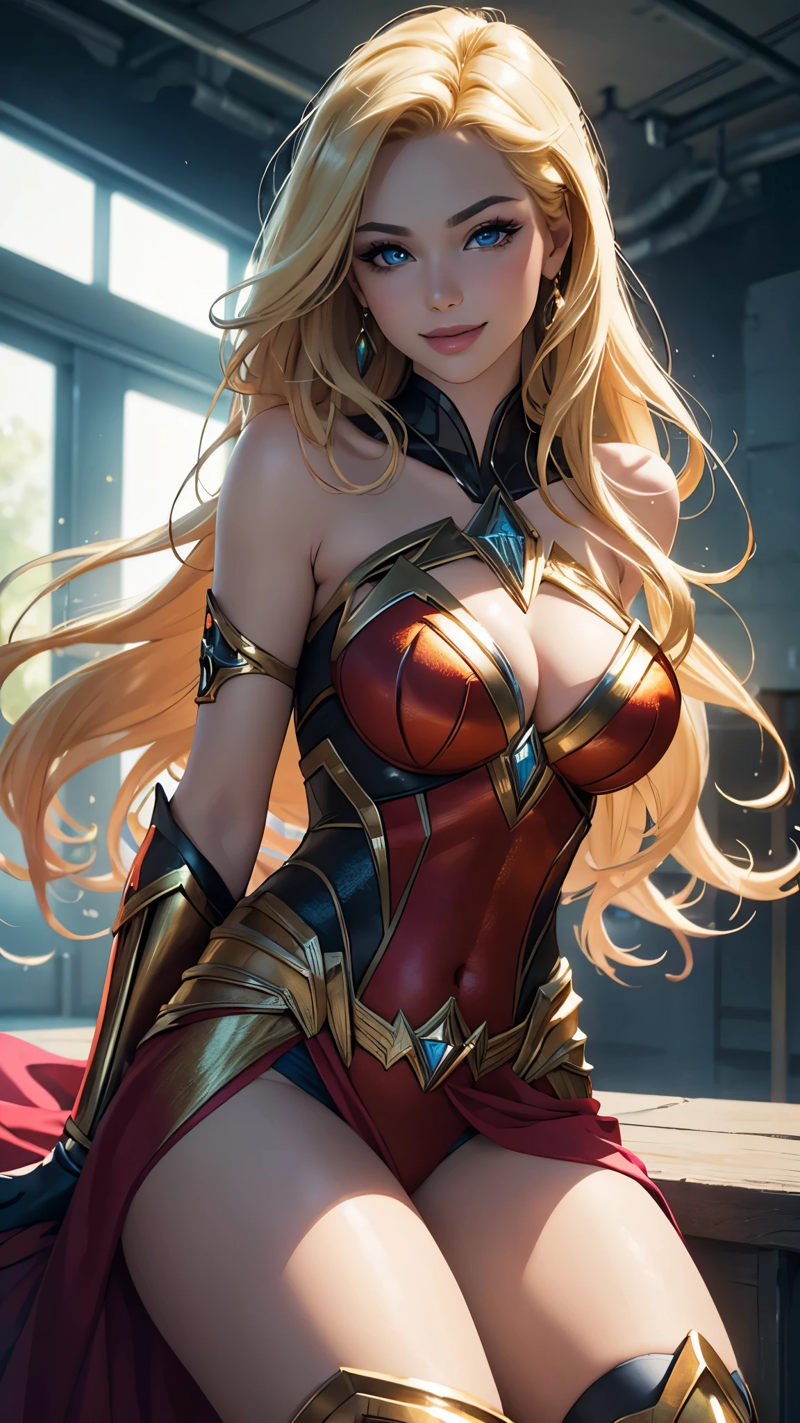 (best quality,ultra-detailed,photo-realistic:1.37),bright and vibrant colors,studio lighting,playful expression,stylish makeup,long blonde hair flowing in the wind,alluring eyes,glossy lips,sexy pose, DC Justice League, Headquarter, smiling in a confident and seductive way,posing for a professional photoshoot,shallow depth of field,highlighting the main subject,soft natural lighting,creating a dreamy and magical atmosphere.