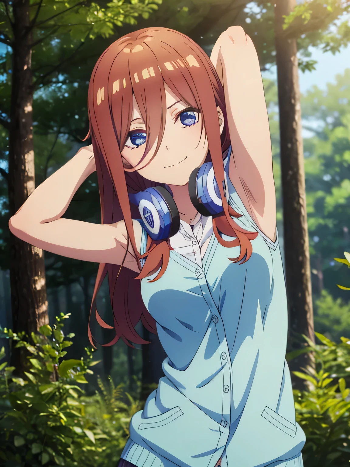 solo, 1girl, looking at viewer, 2D, anime, anime coloring, high quality, closed mouth, solo, upper body, night sky, forest, arms behind head, contrapposto, shy smile, spread armpits, miku nakano, cardigan, headphones around neck, looking at viewer, smile