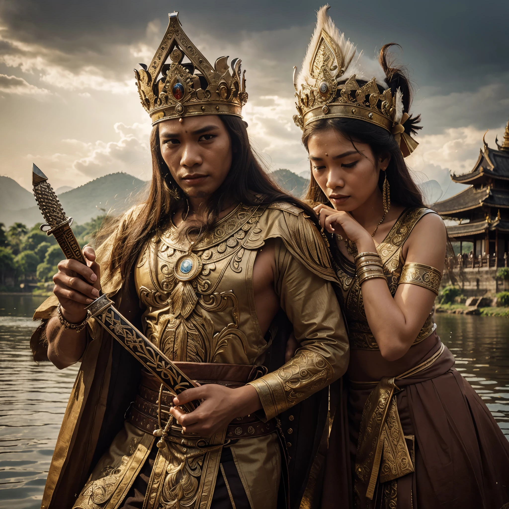 King man sword in hand, beauty queen crying, in river and temples, malayan kingdoms,indonesian face