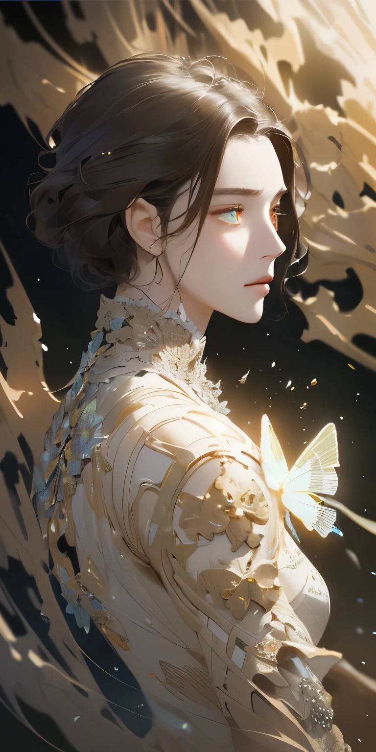 1，8k portrait of beautiful robot with brown hair, complex, elegant, Very detailed, majestic, digital photography, Artgerm、Artwork by Ruan Jia and Greg Rutkowski, Surrealism, gold butterfly filigree, shattered glass, (masterpiece, Side light, Exquisite and beautiful eyes: 1.2), human development report