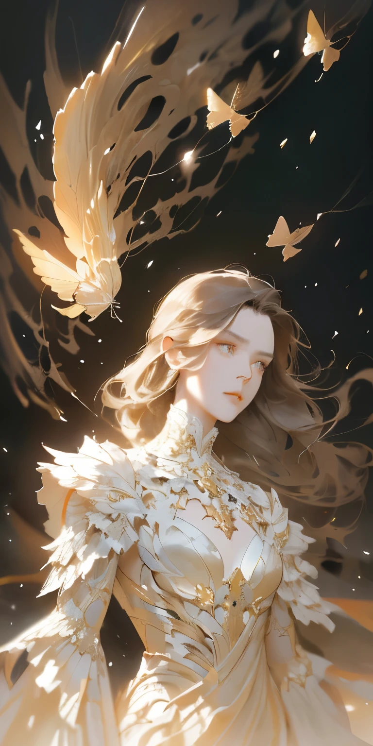 1，8k portrait of beautiful robot with brown hair, complex, elegant, Very detailed, majestic, digital photography, Artgerm、Artwork by Ruan Jia and Greg Rutkowski, Surrealism, gold butterfly filigree, shattered glass, (masterpiece, Side light, Exquisite and beautiful eyes: 1.2), human development report