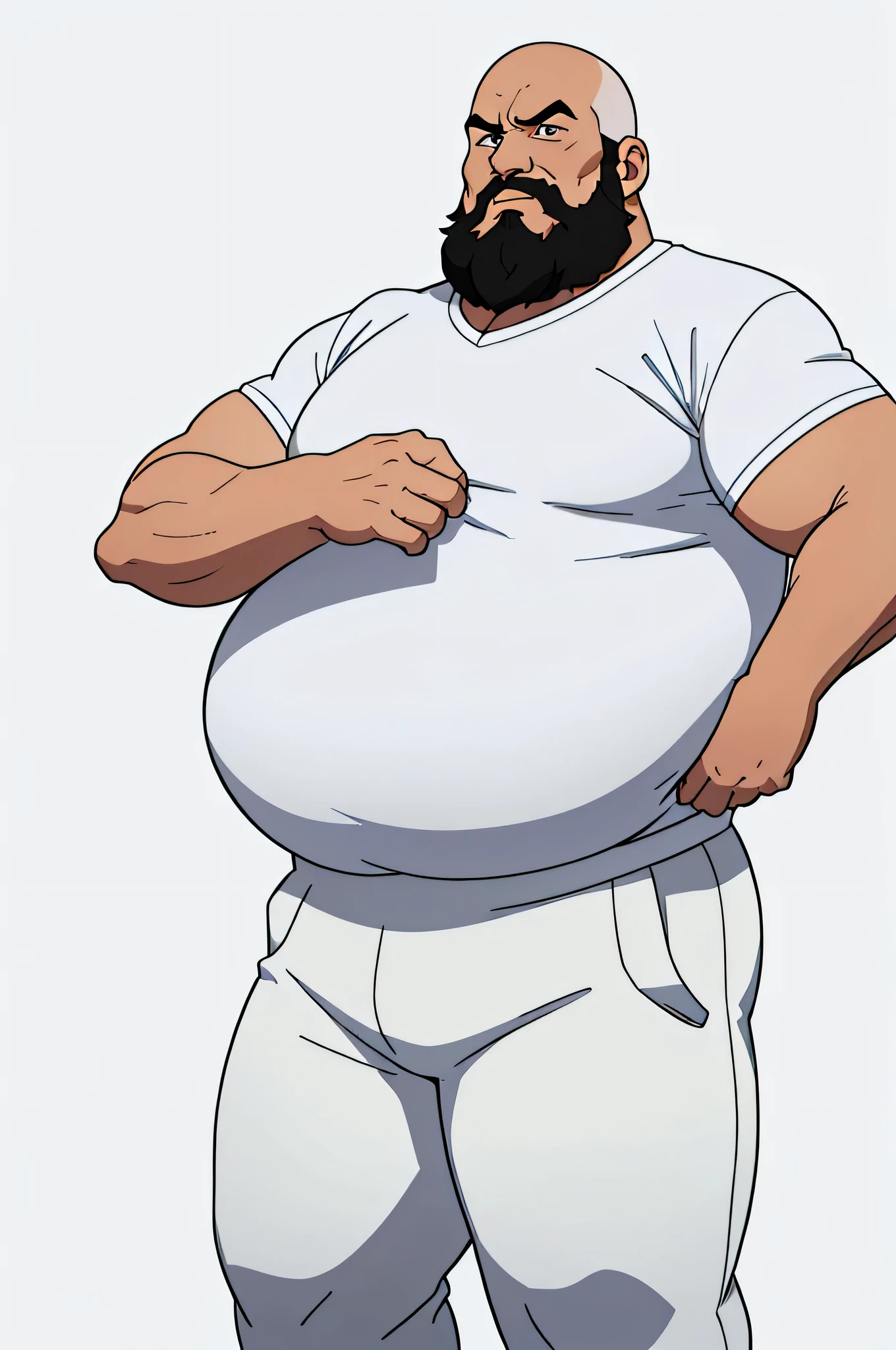 curto, homem gordo e careca de 50 anos, White shirt and black pants, todo fundo branco, Cara mal-humorada, Qualidade 4k 8k, barba