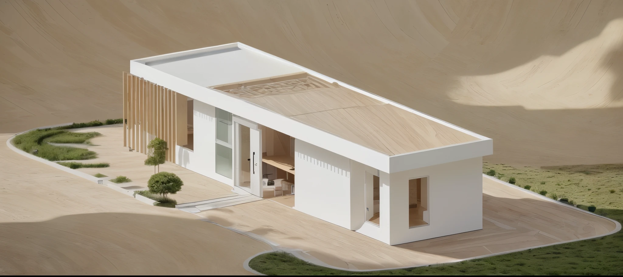 visual representation of an office seen from the outside, modern and contemporary approach, architectural structure that reflects innovation and avant-garde style. Incorporates elements such as clean lines, design details that convey a sense of progress and sophistication, combina patrones de madera con color blanco enlucido