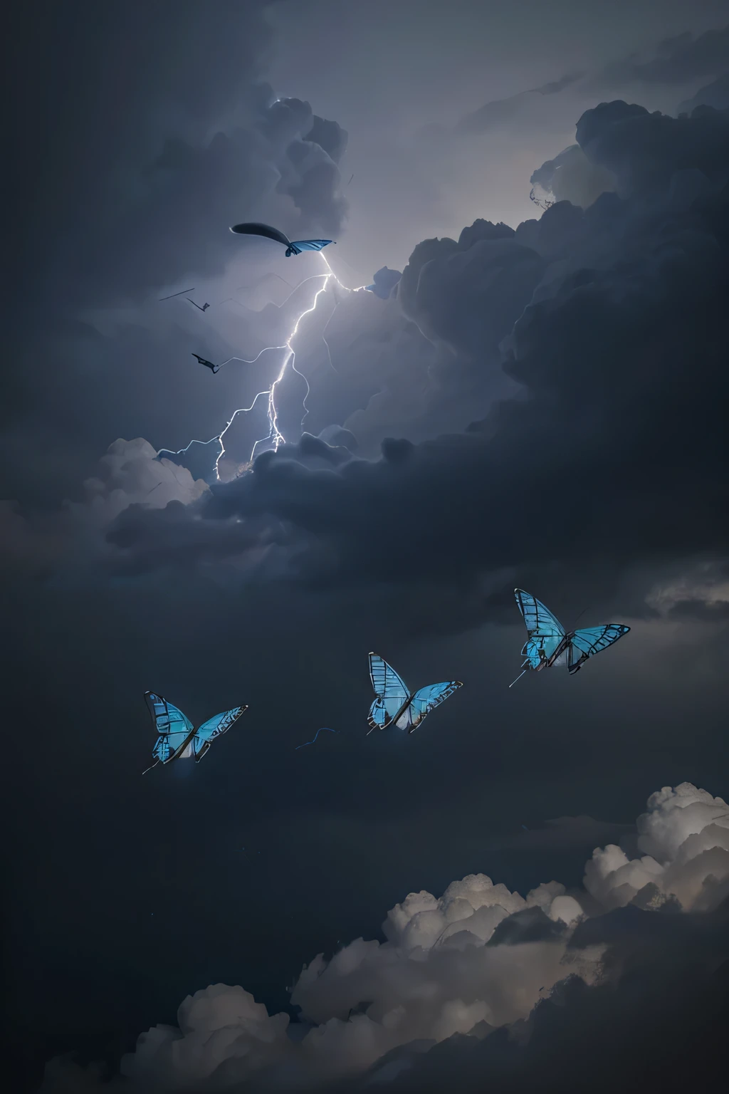 Close-up illustration of five blue butterflies flying through gray clouds with lightning.