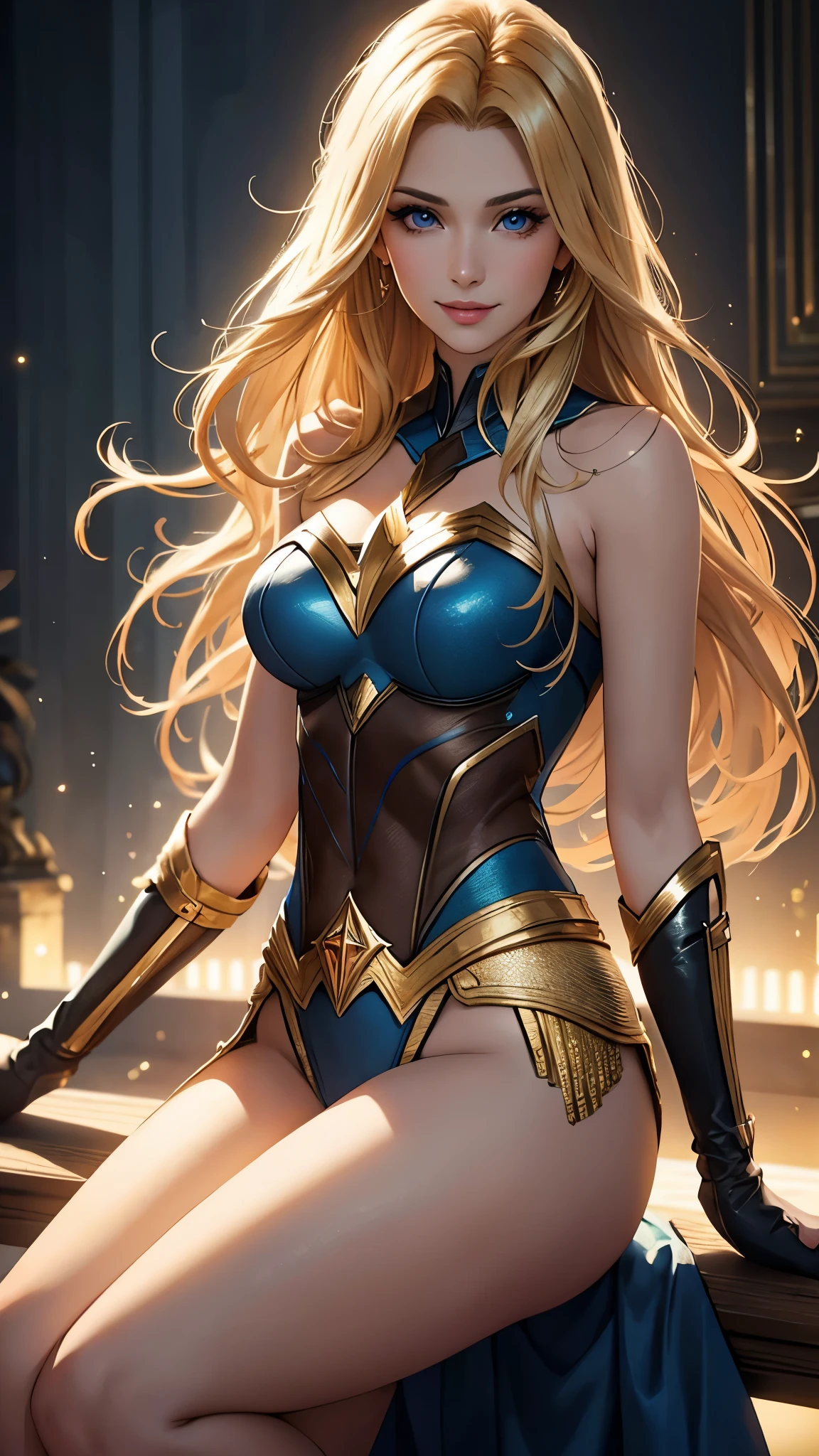 (best quality,ultra-detailed,photo-realistic:1.37),bright and vibrant colors,studio lighting,playful expression,stylish makeup,long blonde hair flowing in the wind,alluring eyes,glossy lips,sexy pose, DC Justice League, Headquarter, smiling in a confident and seductive way,posing for a professional photoshoot,shallow depth of field,highlighting the main subject,soft natural lighting,creating a dreamy and magical atmosphere.