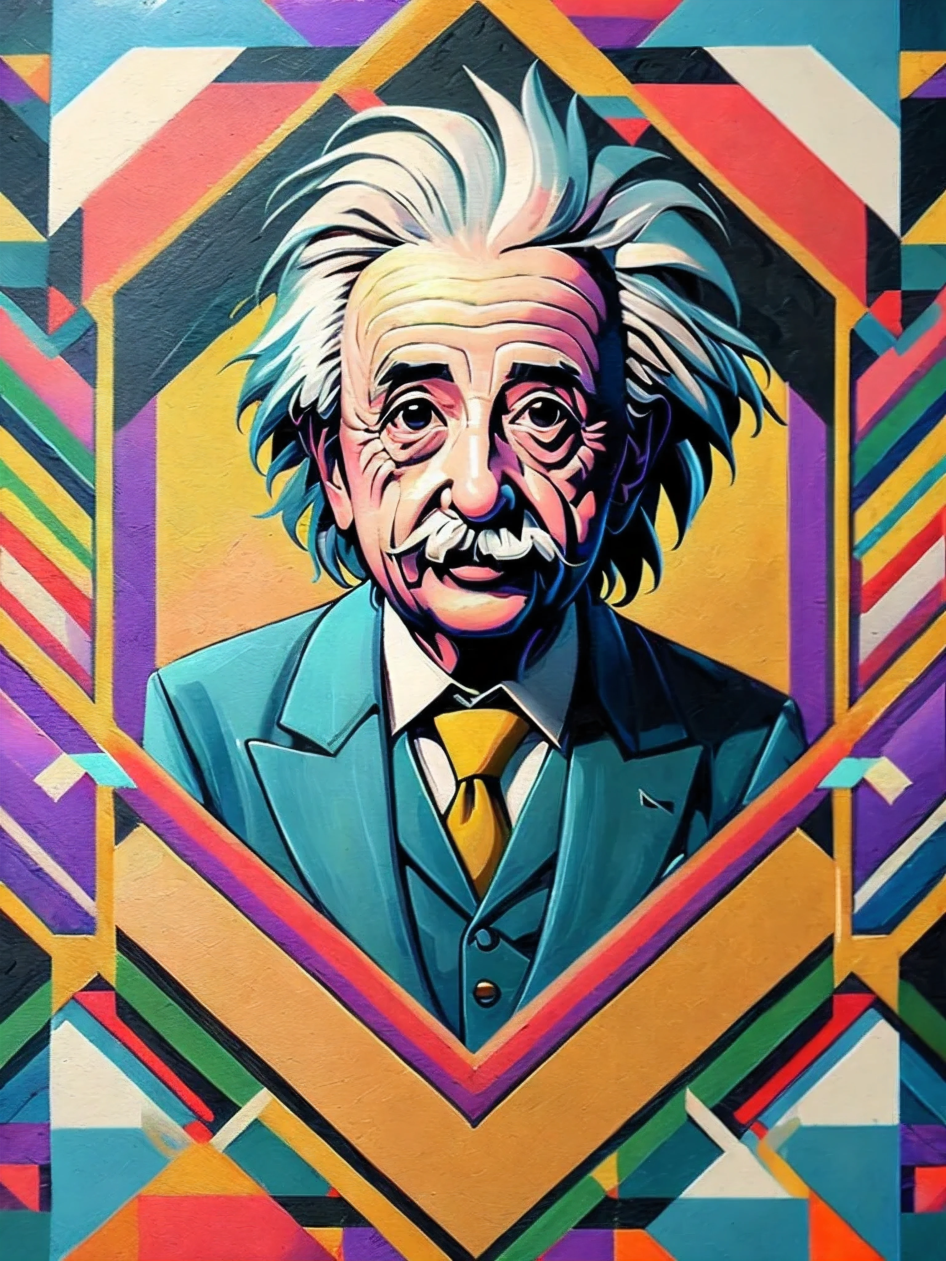 (Best quality),(masterpiece),(ultra detailed),(high detailed),(extremely detailed),centered, isometric, mural, graffiti, composition, shapes, patterns, vector art ready to print highly detailed graffiti illustration of Einstein