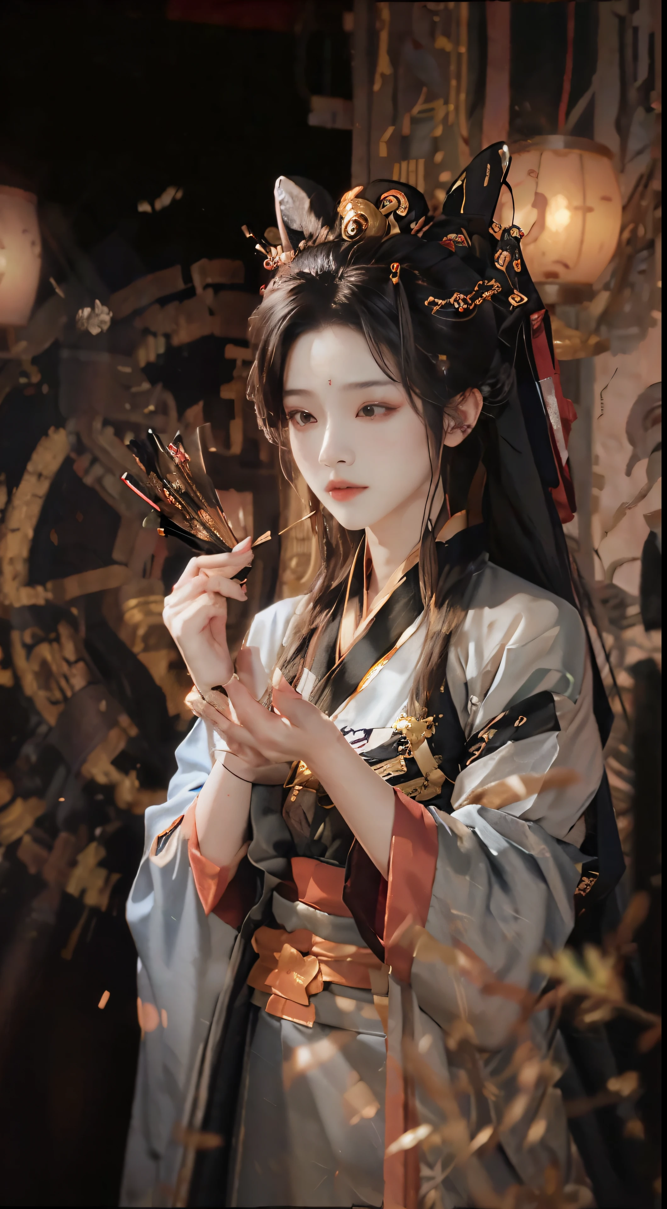 (Fidelity: 1.4), ((Black Hanfu with Big Sleeves: 1.3)), Small Rings adorned with Precious Stones: 1.2, Kan Tashi: 0.8, Mole Under Eyes: 1.5, Denim Lens: 0.9, Bokeh effect: 1.1, Perspective Shortening: 1.3, Negative Space: 1.2, Chiaroscuro: 1.4, Depth of Field: 1.5, Ray Tracing: 1.2, Masterpiece: 1.6, Anatomically Correct: 1.3, Text